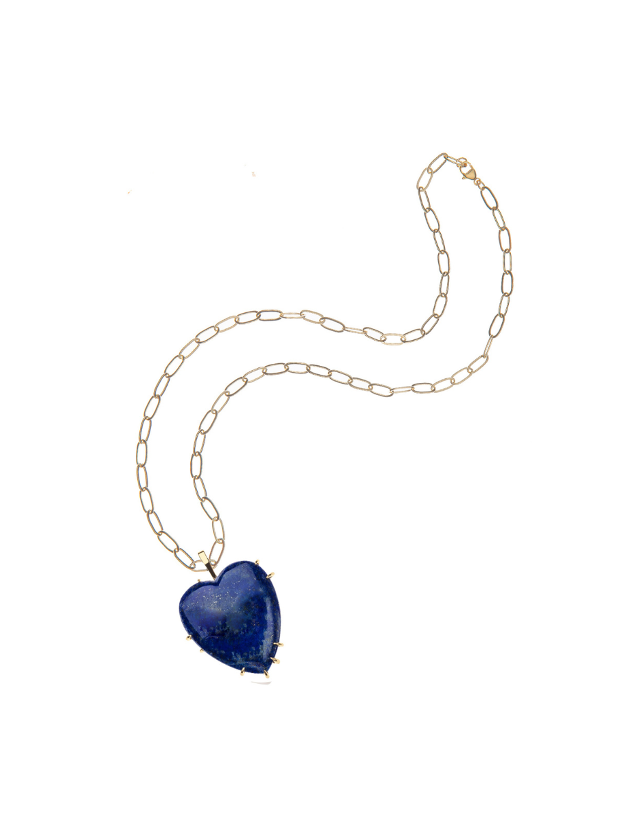 Necklace with a blue heart-shaped pendant on a white background