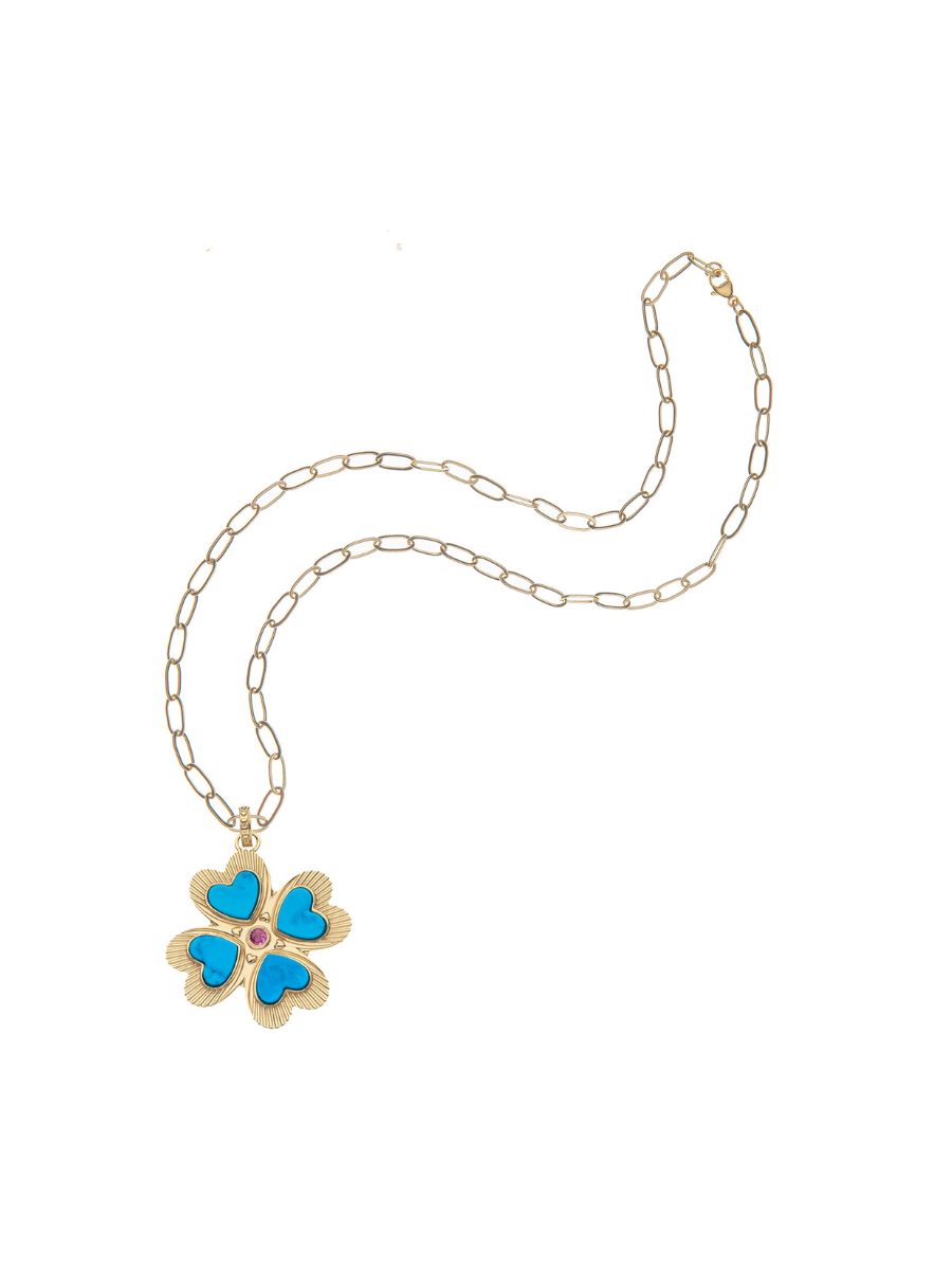 Necklace with a butterfly pendant featuring blue wings and a red gemstone on a white background