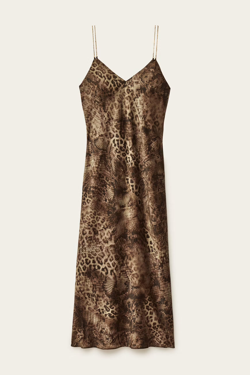 Leopard print slip dress on a white background