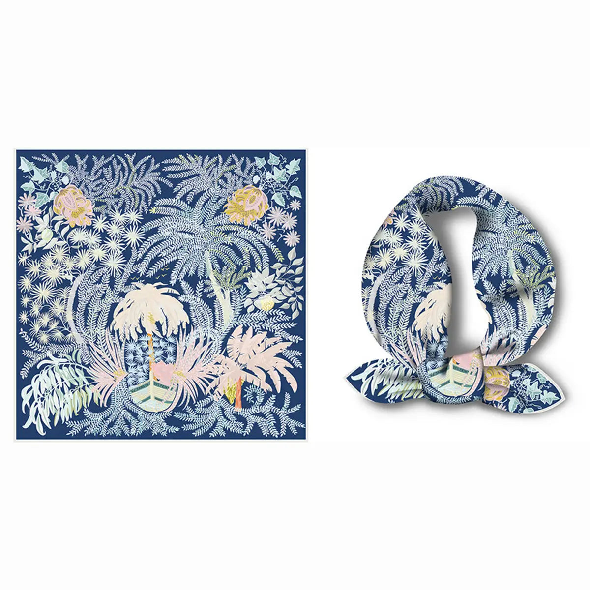 Floral patterned scarf with packaging on a white background