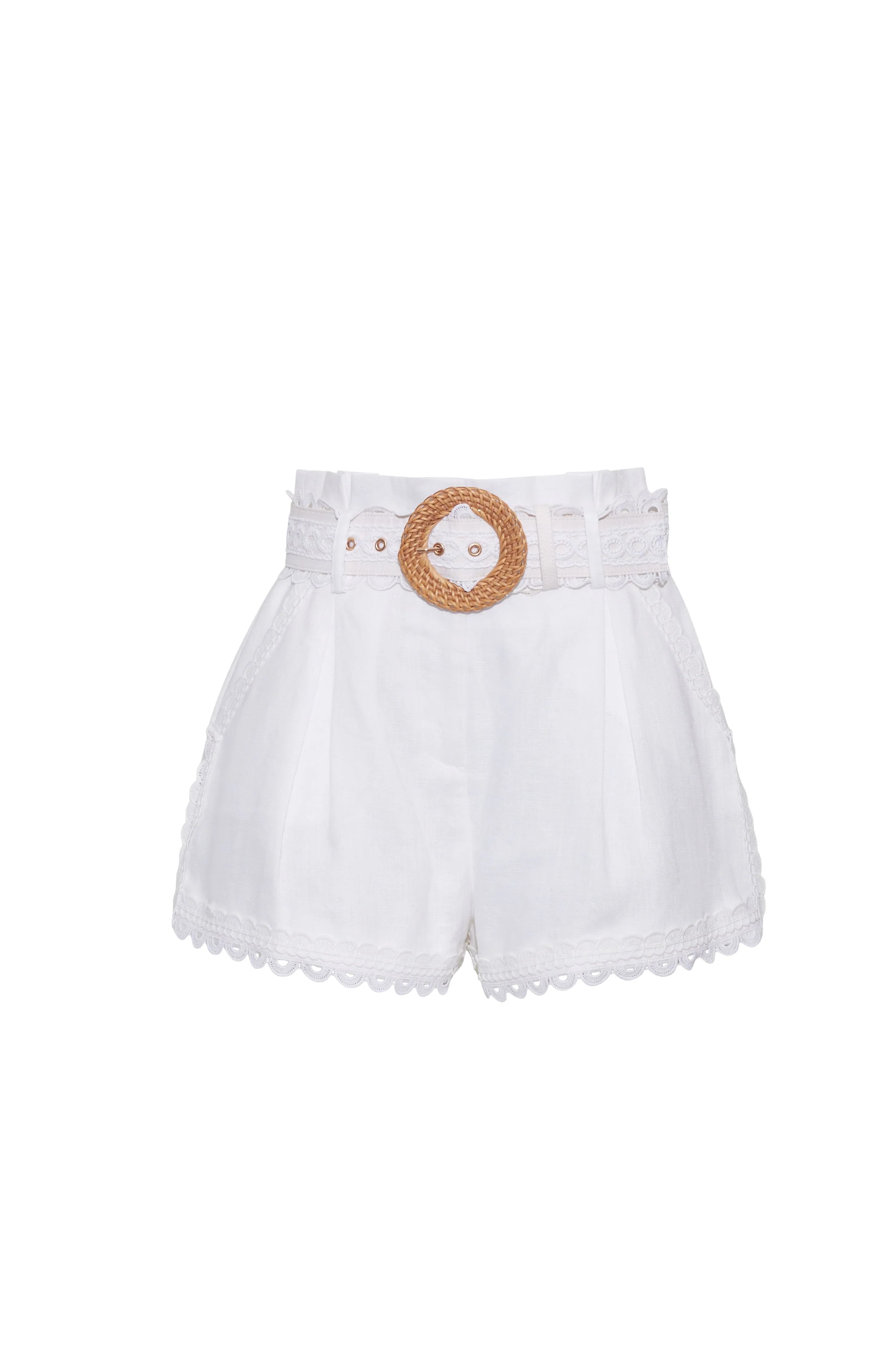 White shorts with a woven belt on a white background