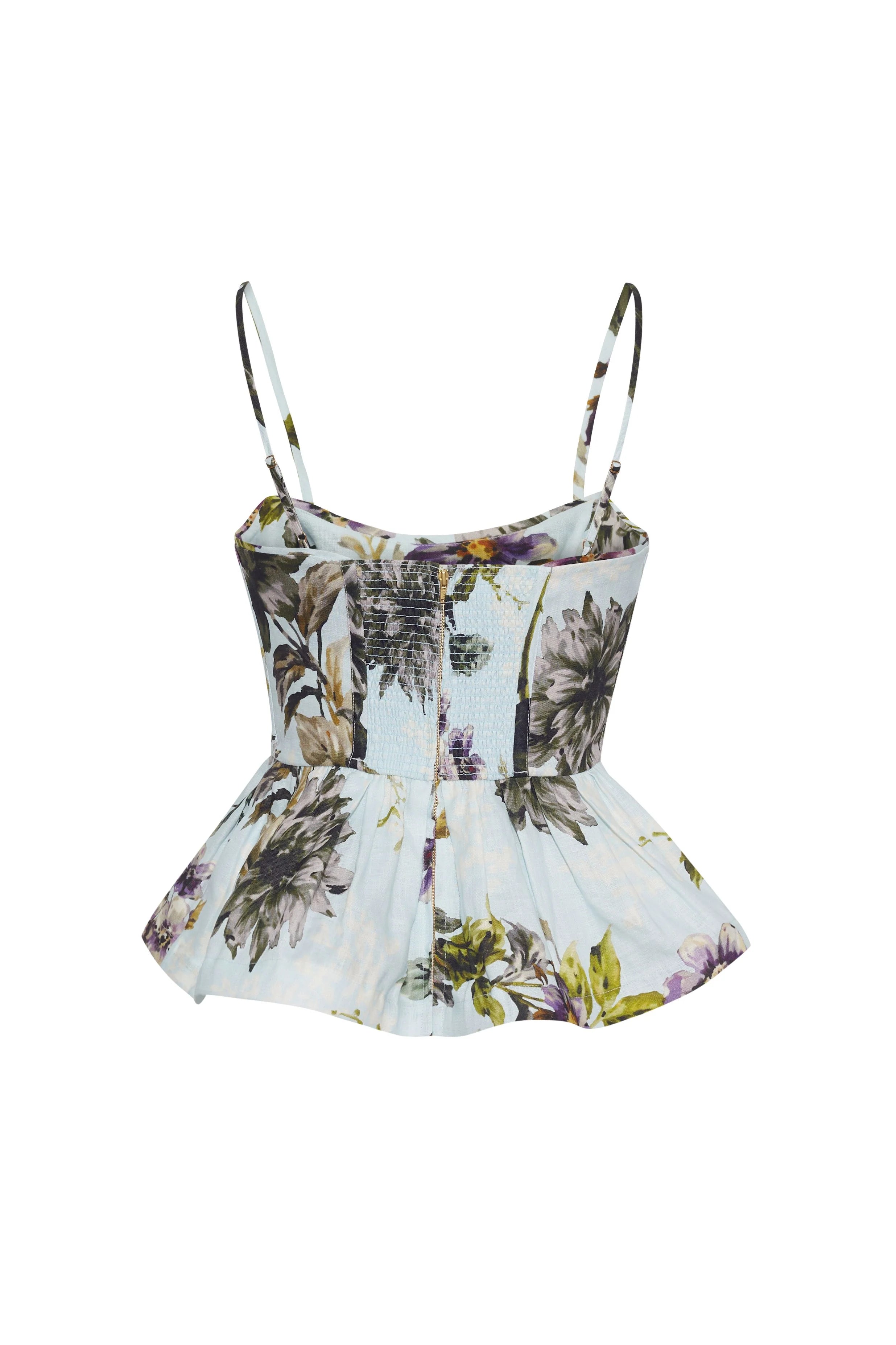 Floral print top with thin straps on a white background