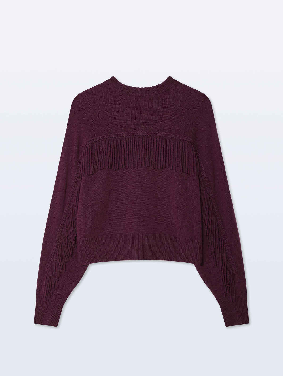 A dark plum purple knit sweater with fringe detailing across the chest and along the sleeves, displayed against a light gray background.