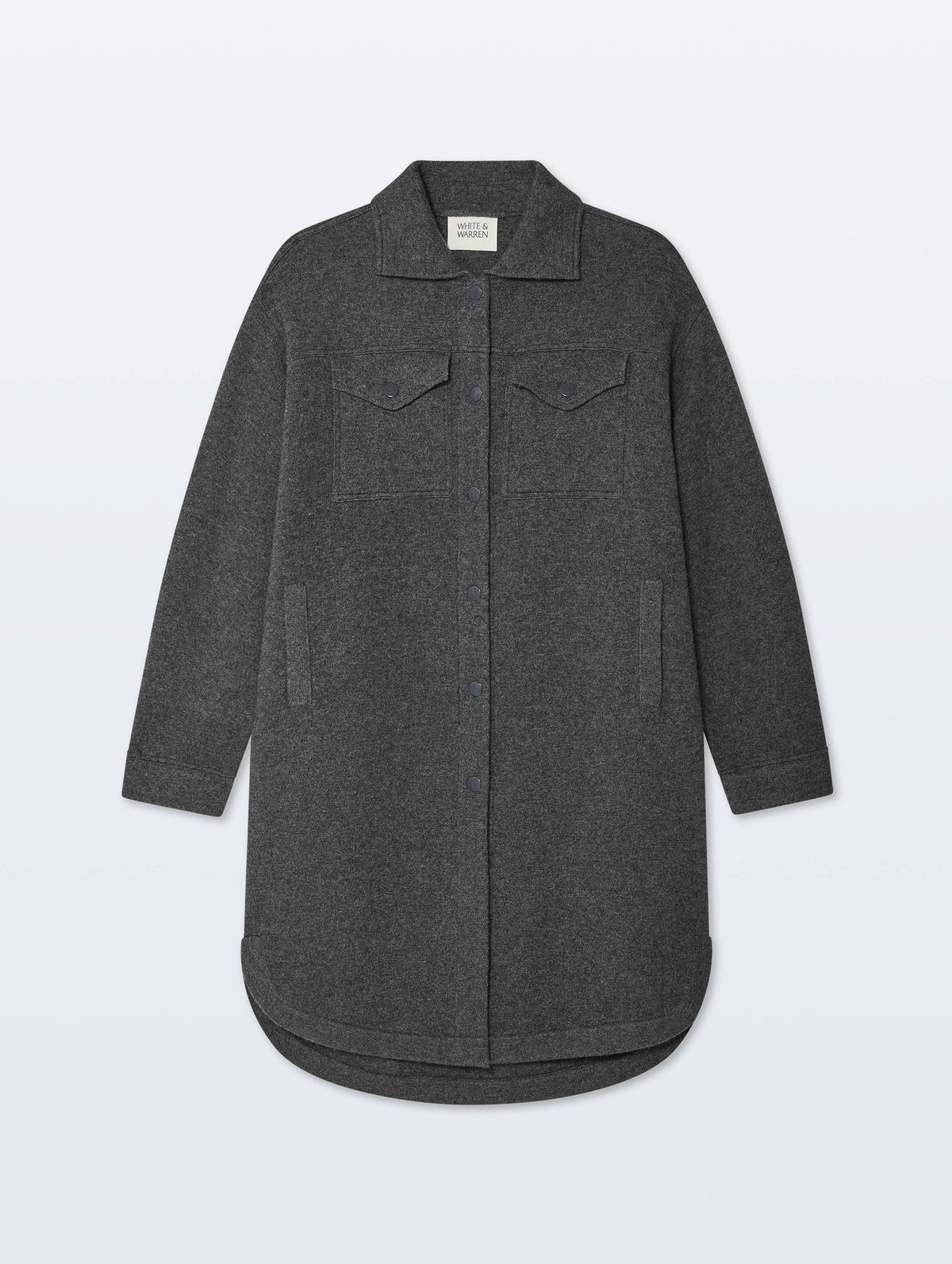 A dark gray wool-blend shirt jacket with a collar, front button closure, and two chest flap pockets, shown flat against a light gray background.