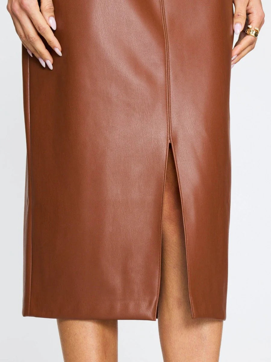 Brown leather skirt with a slit on a white background