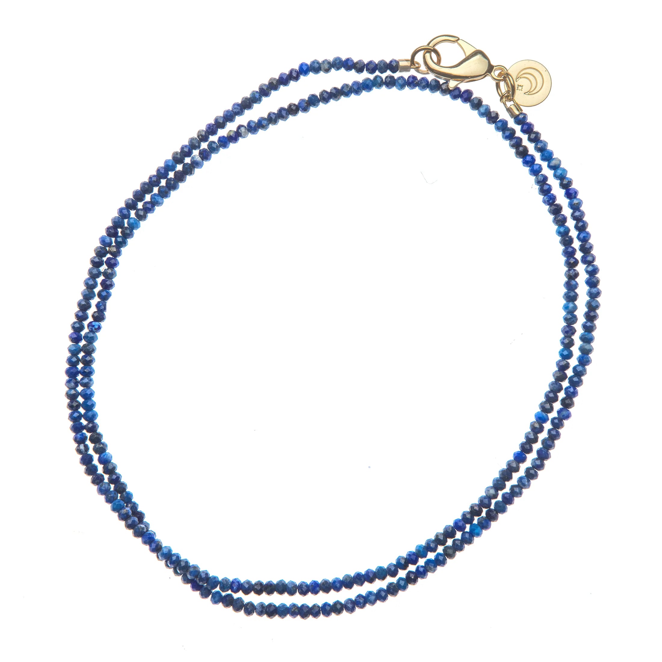 Blue beaded necklace with a gold clasp on a white background