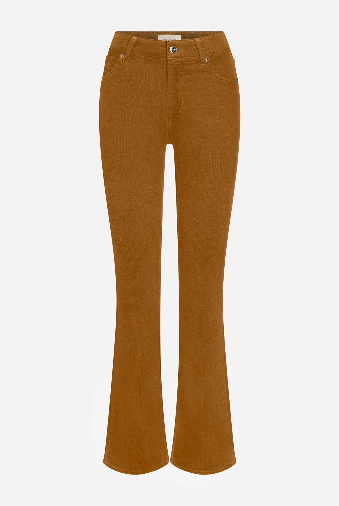 A pair of high-waisted, straight-leg flared jeans in a warm camel brown color, shown against a plain light gray background.