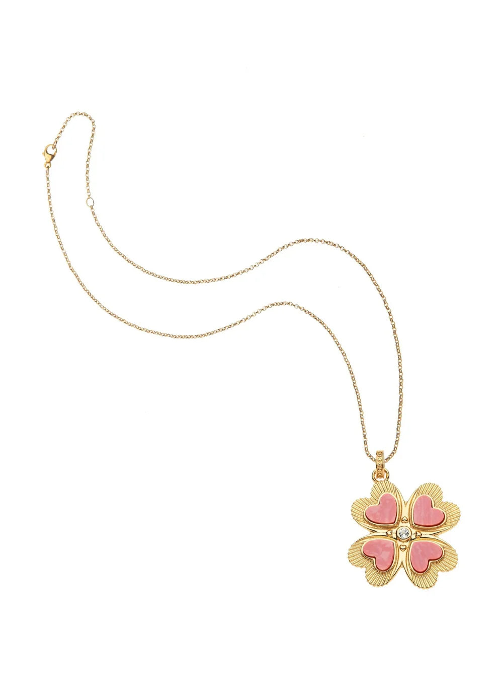 Gold necklace with a pink flower pendant on a white background