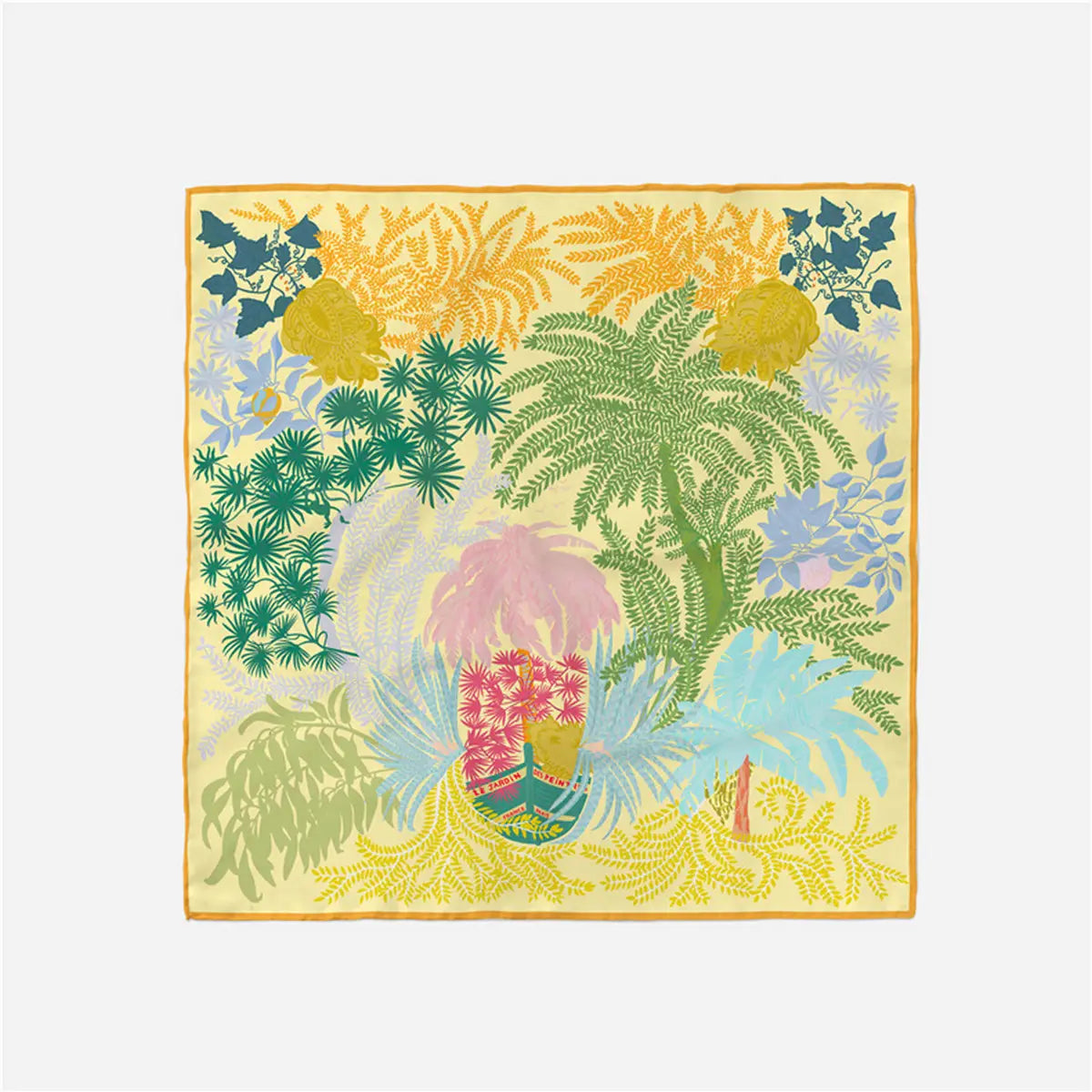 Colorful tropical-themed fabric square with palm trees and flowers on a light yellow background