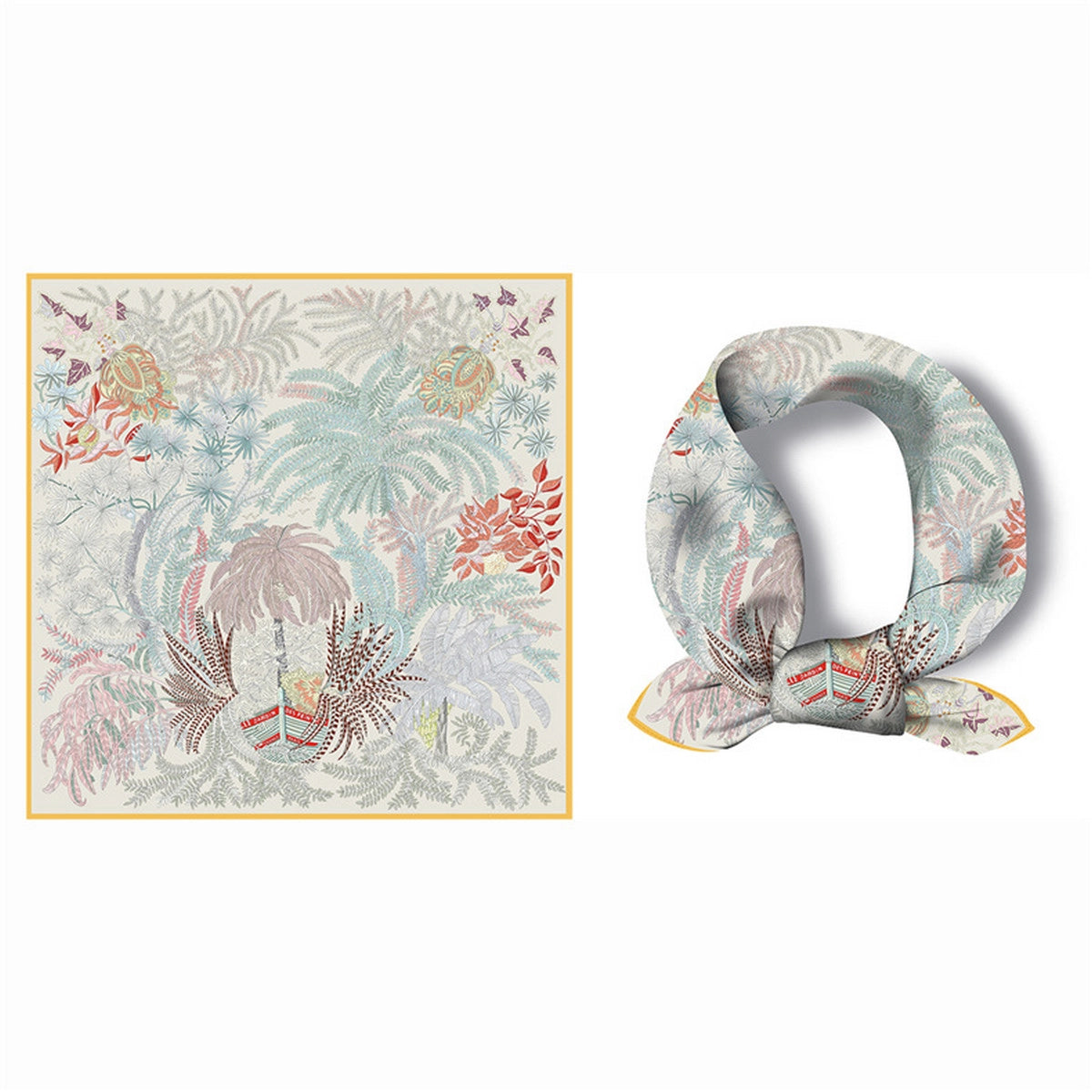 Floral-patterned neck pillow and matching square scarf on a white background