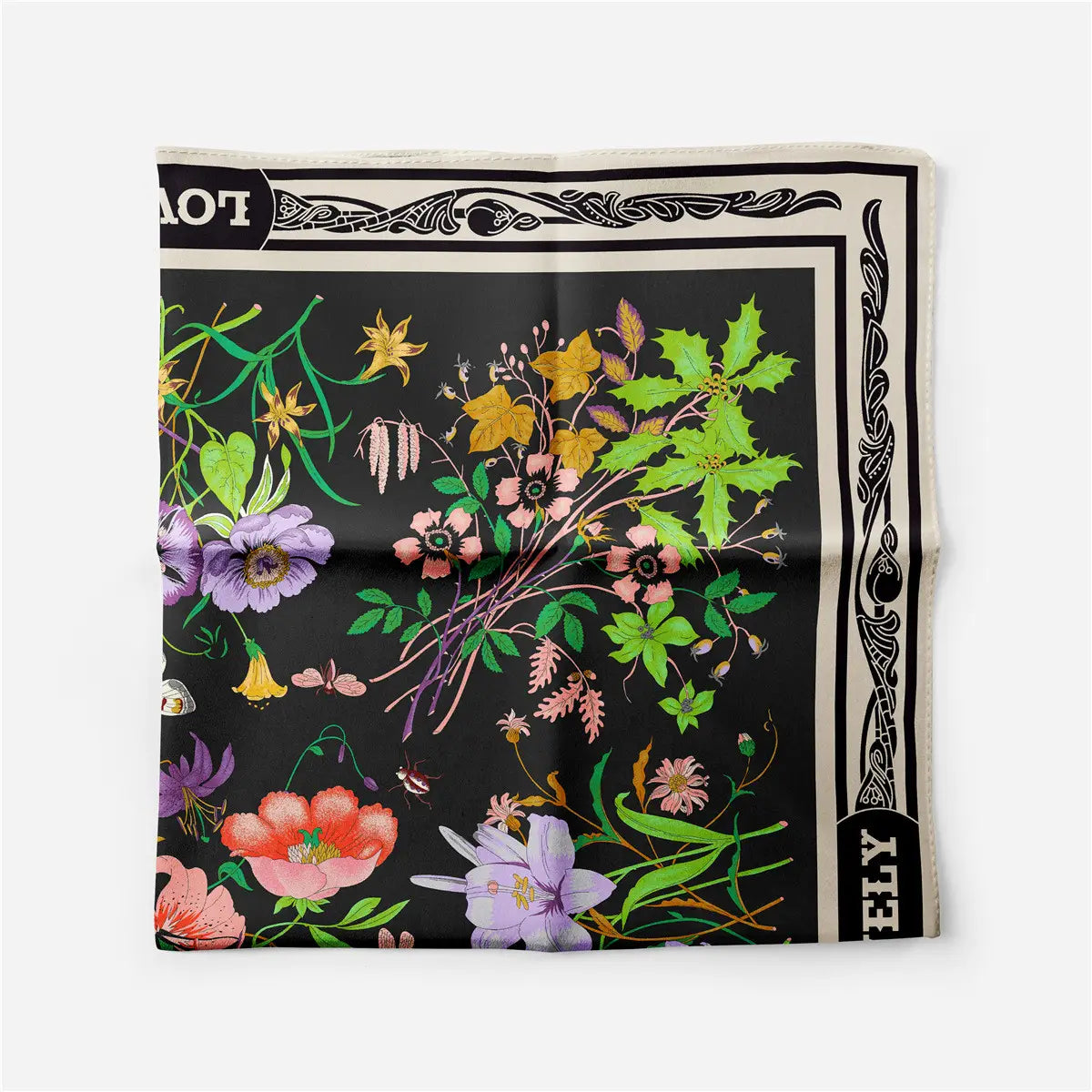 Floral patterned scarf with black border on a white background