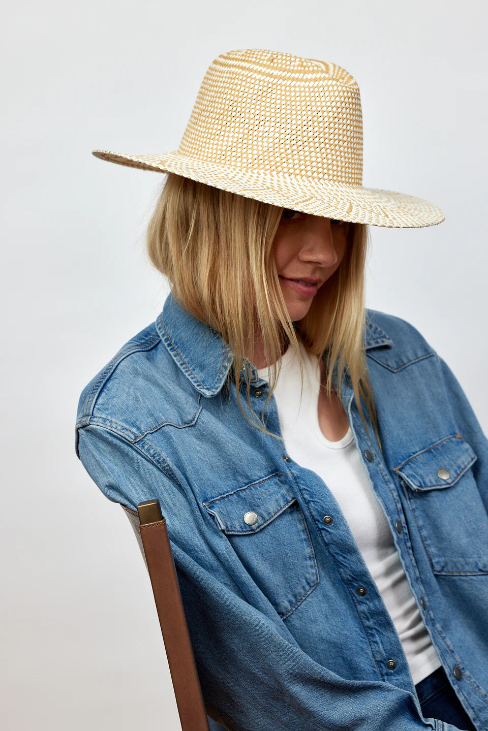 Person wearing a straw hat and denim jacket on a plain background