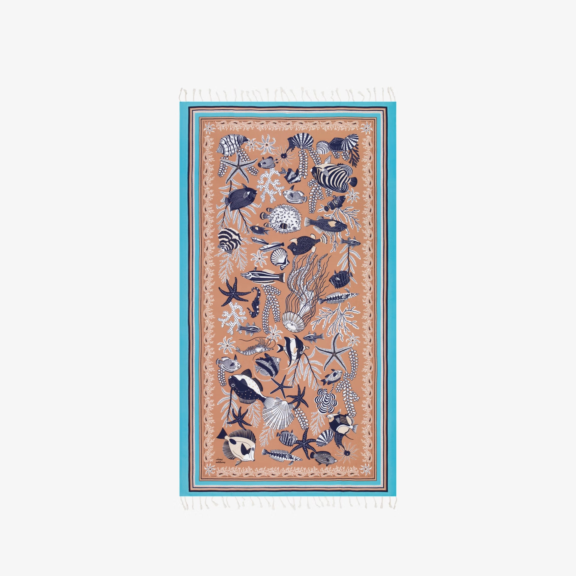 Decorative rug with ocean-themed pattern on a white background