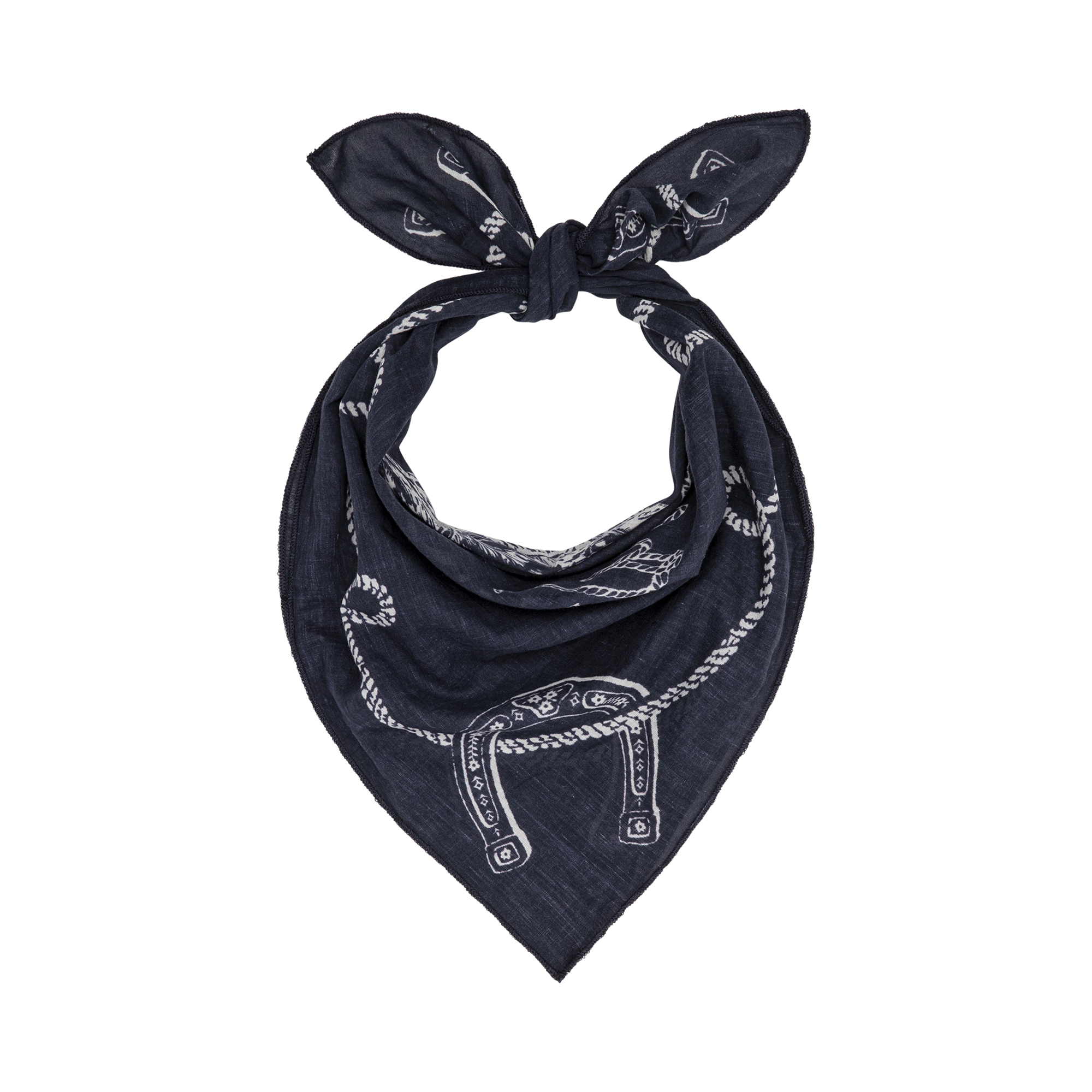 Navy blue bandana with white patterns on a white background