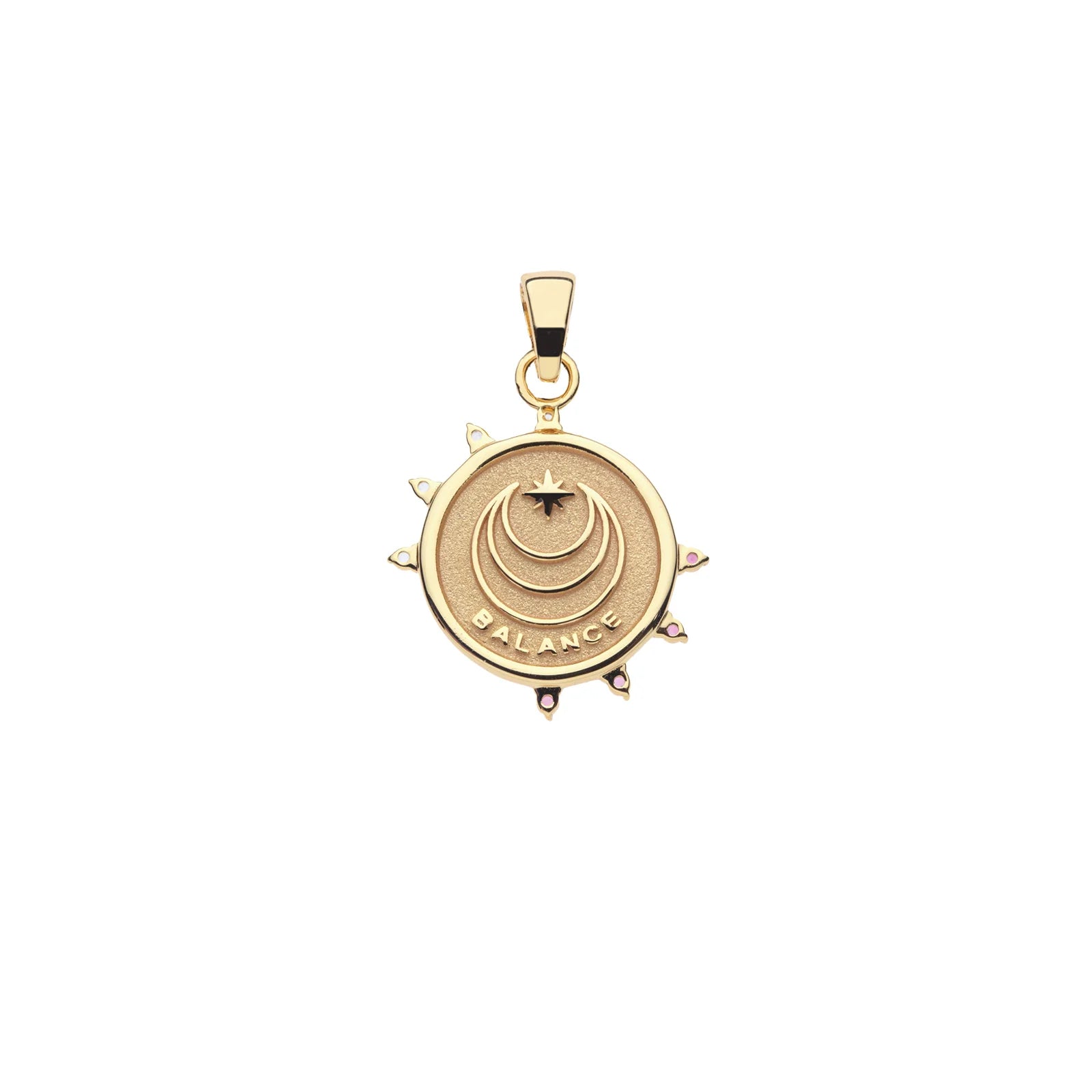 Gold pendant with 'Balance' engraved on a white background