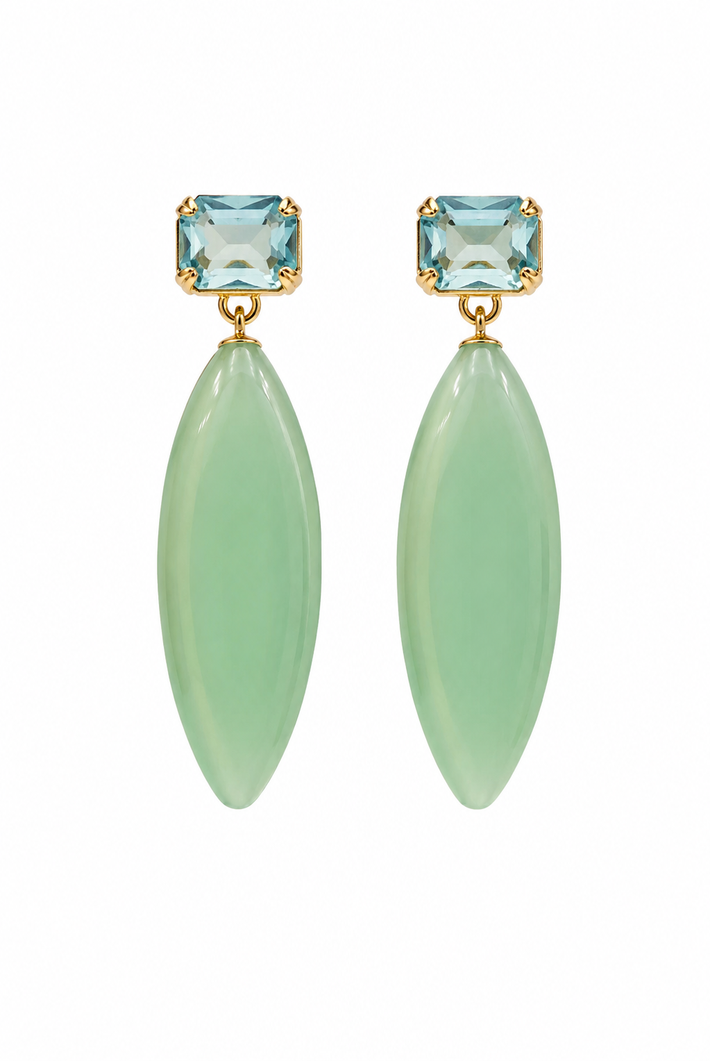 A pair of gold-tone drop earrings featuring a light blue rectangular gemstone at the top and a large, smooth, light green marquise-shaped drop below, set against a plain white background.