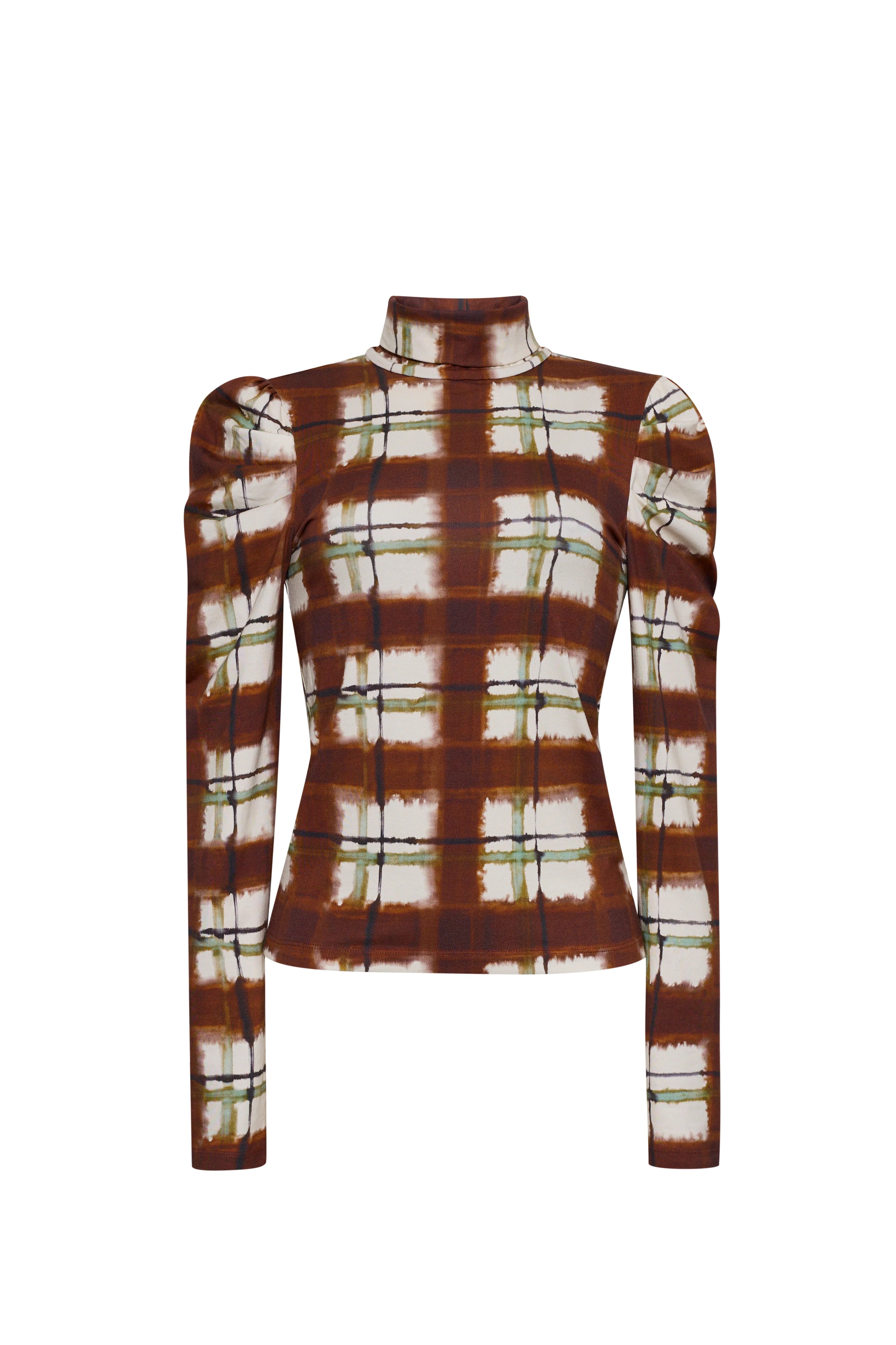 A long-sleeve mock neck top with a brown, white, and green tie-dye plaid pattern, displayed on a clean white background.