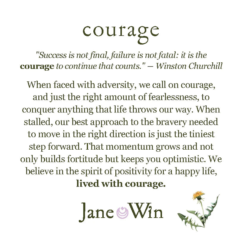 Motivational quote about courage from Winston Churchill with a dandelion graphic on a white background.