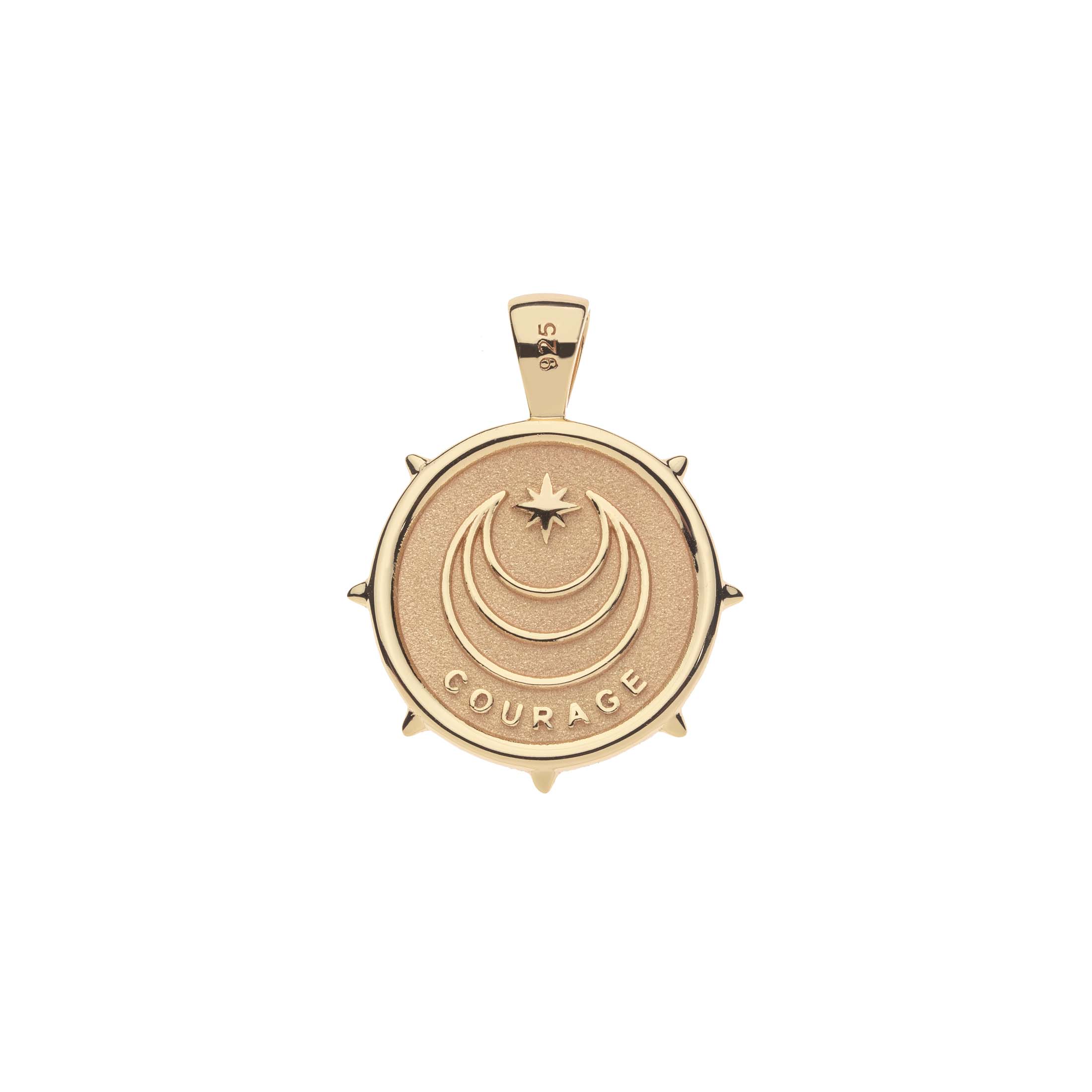 Gold pendant with 'Courage' engraving on a white background