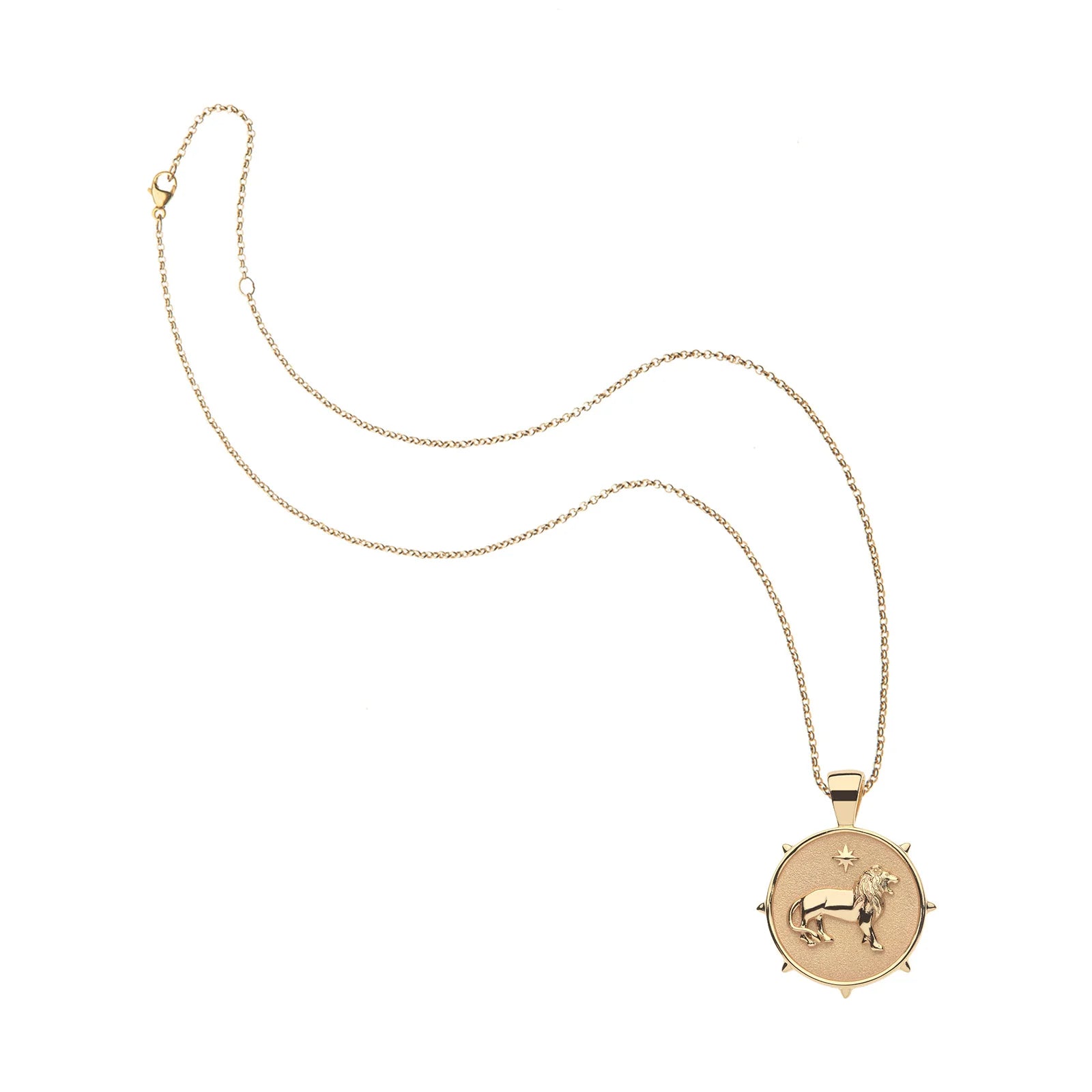 Gold necklace with a lion pendant on a white background