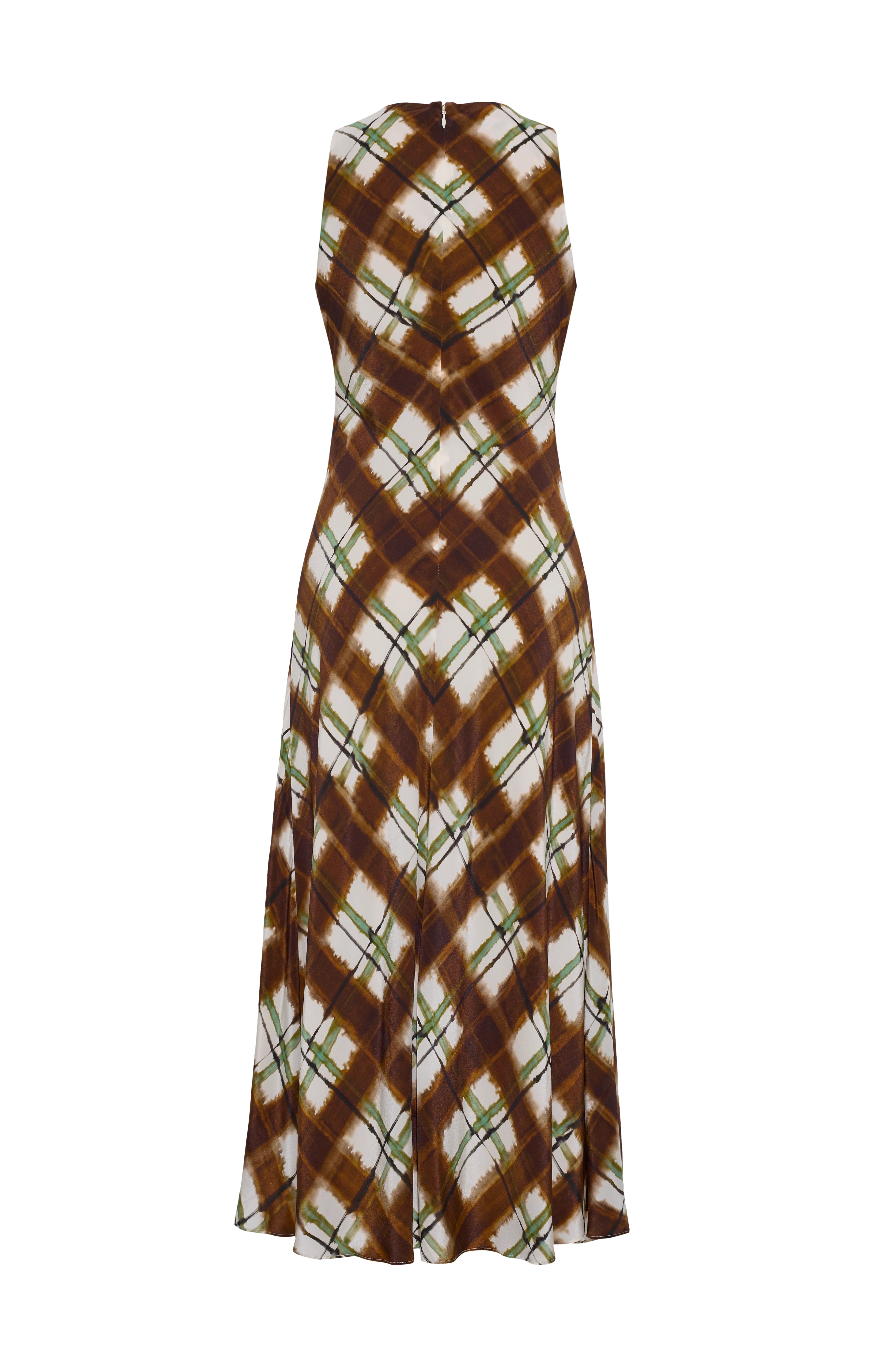 A sleeveless maxi dress with a brown and white diamond lattice pattern accented with thin green diagonal stripes, shown against a plain white background.
