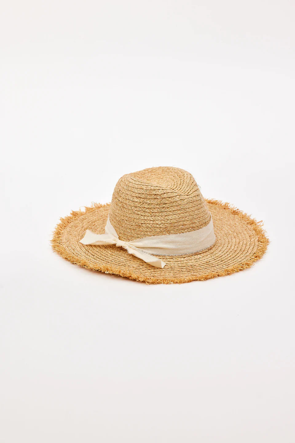Straw hat with a white ribbon on a light gray background