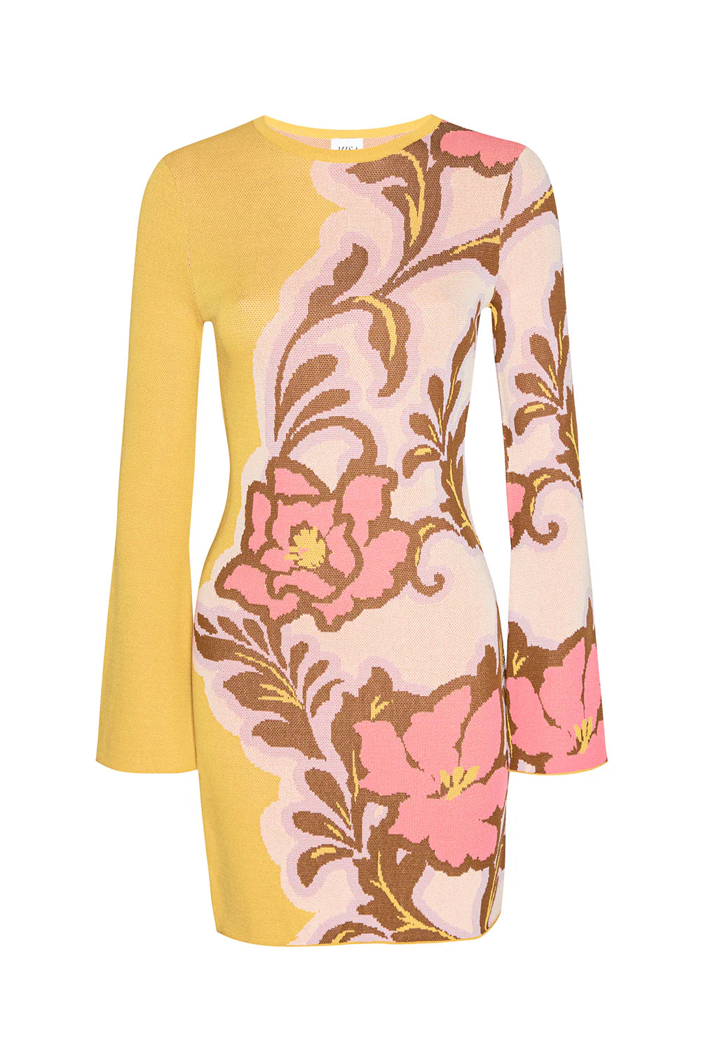 Yellow dress with pink floral pattern on a white background