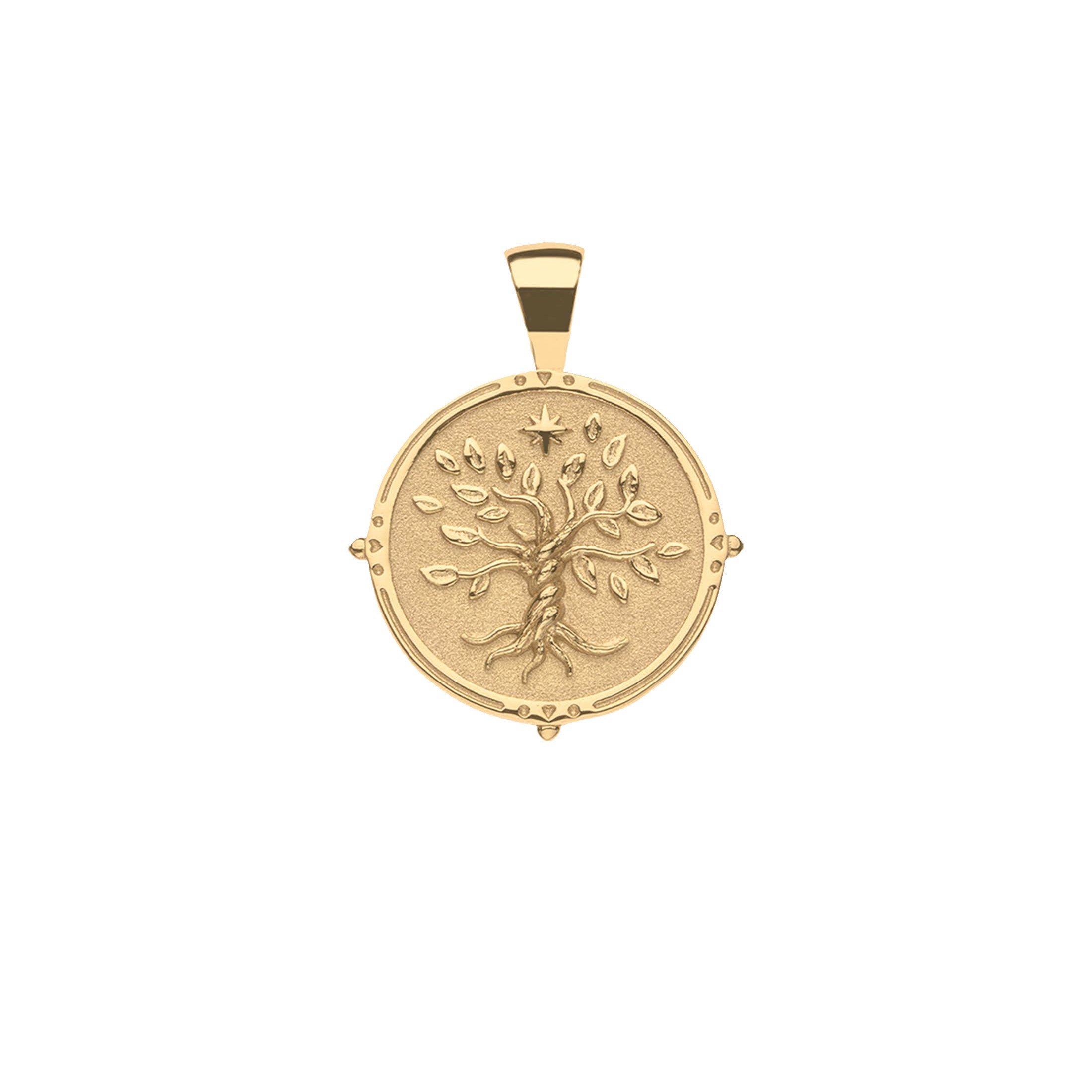 Gold pendant with tree design on a white background