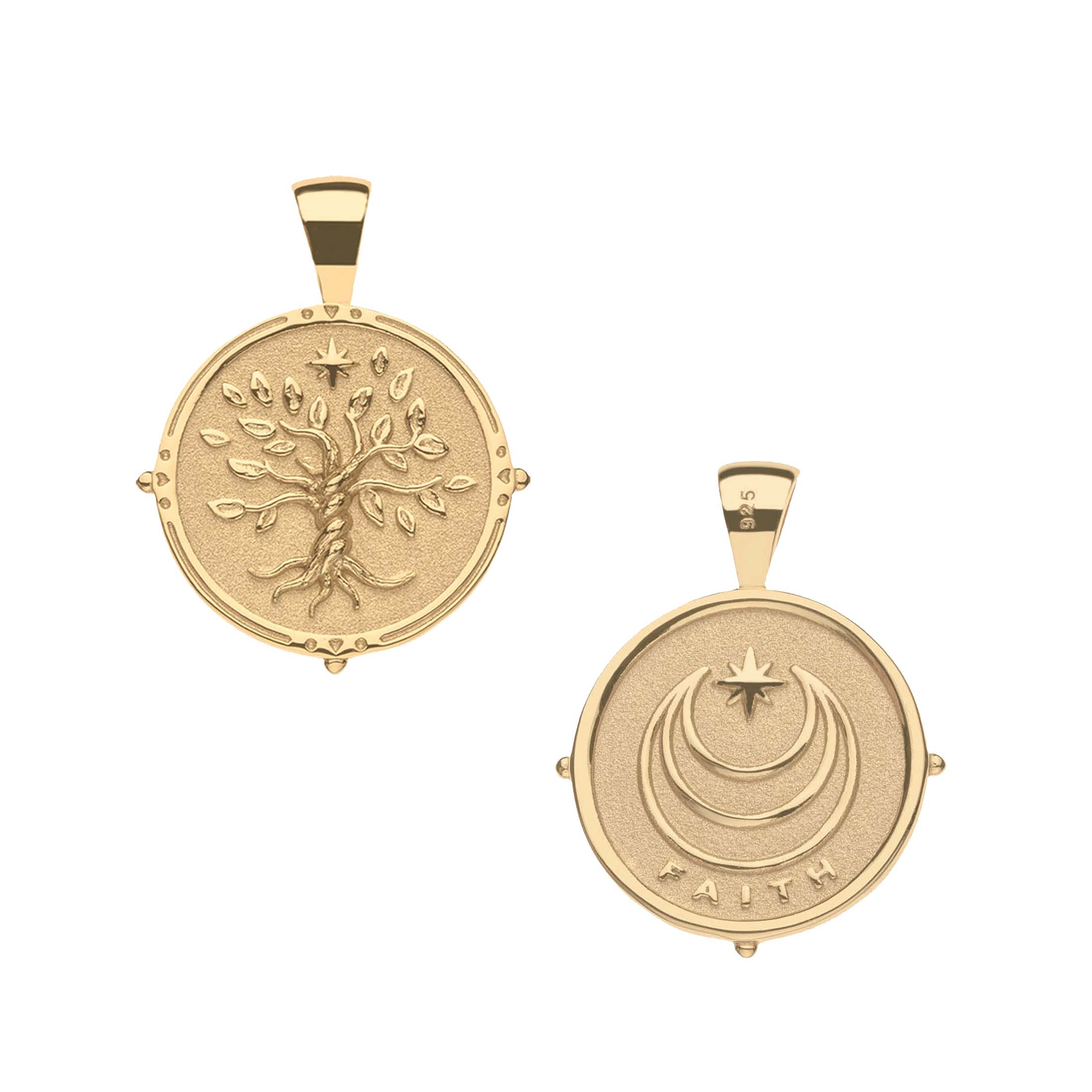 Two gold pendants on a white background