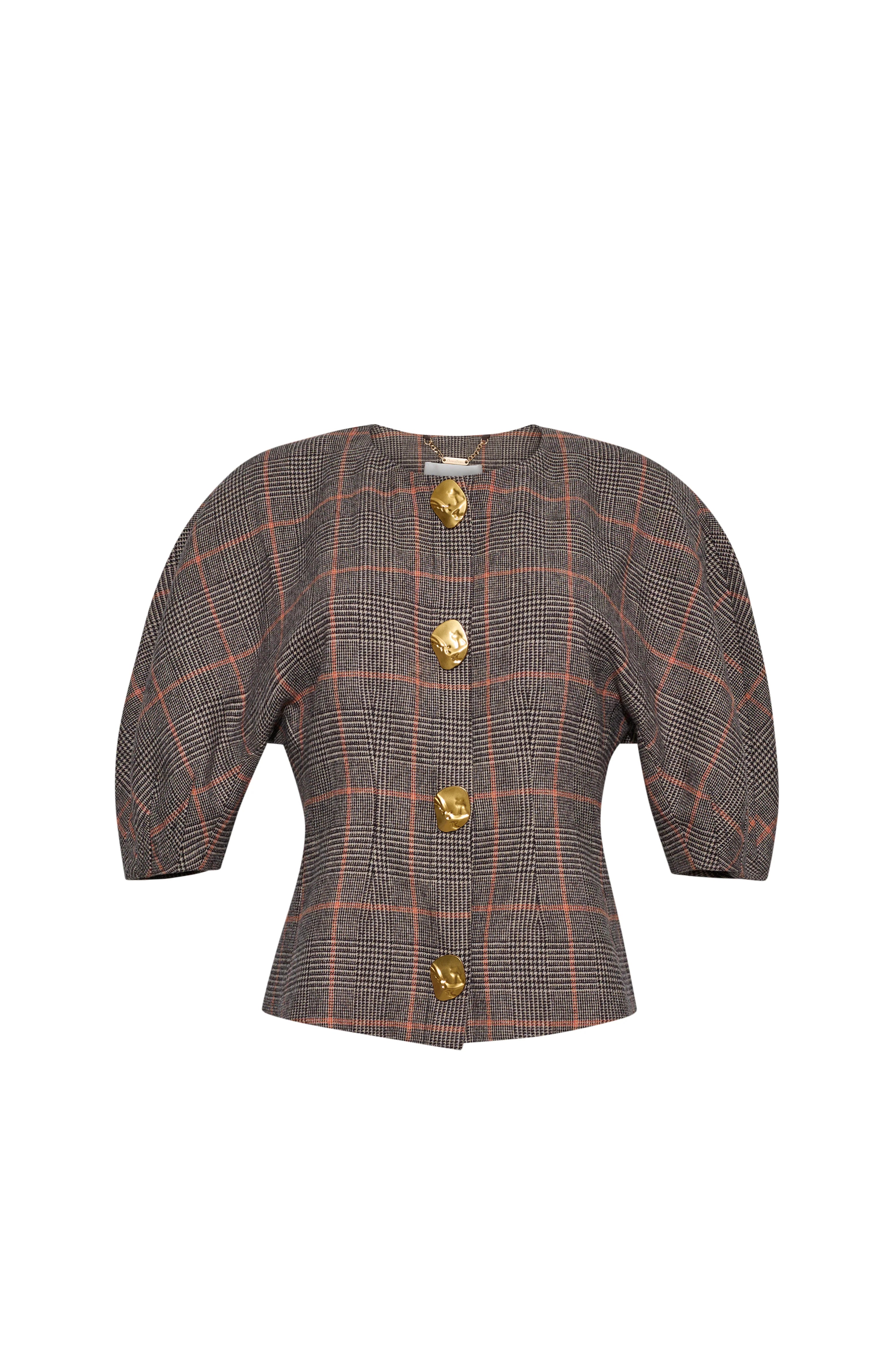 Plaid jacket with gold buttons on a white background