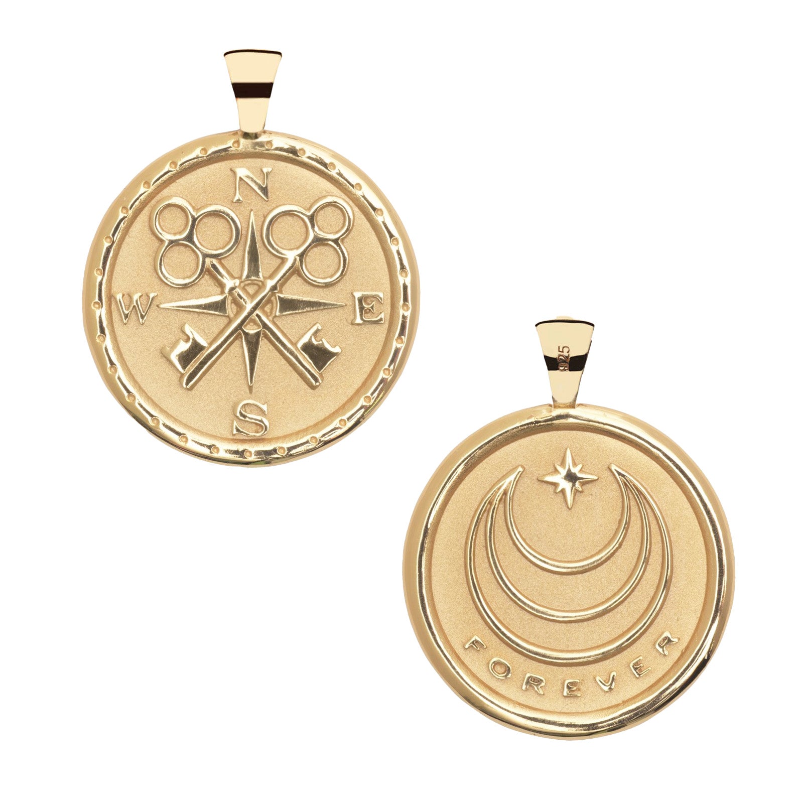 Two gold pendants with intricate designs on a white background