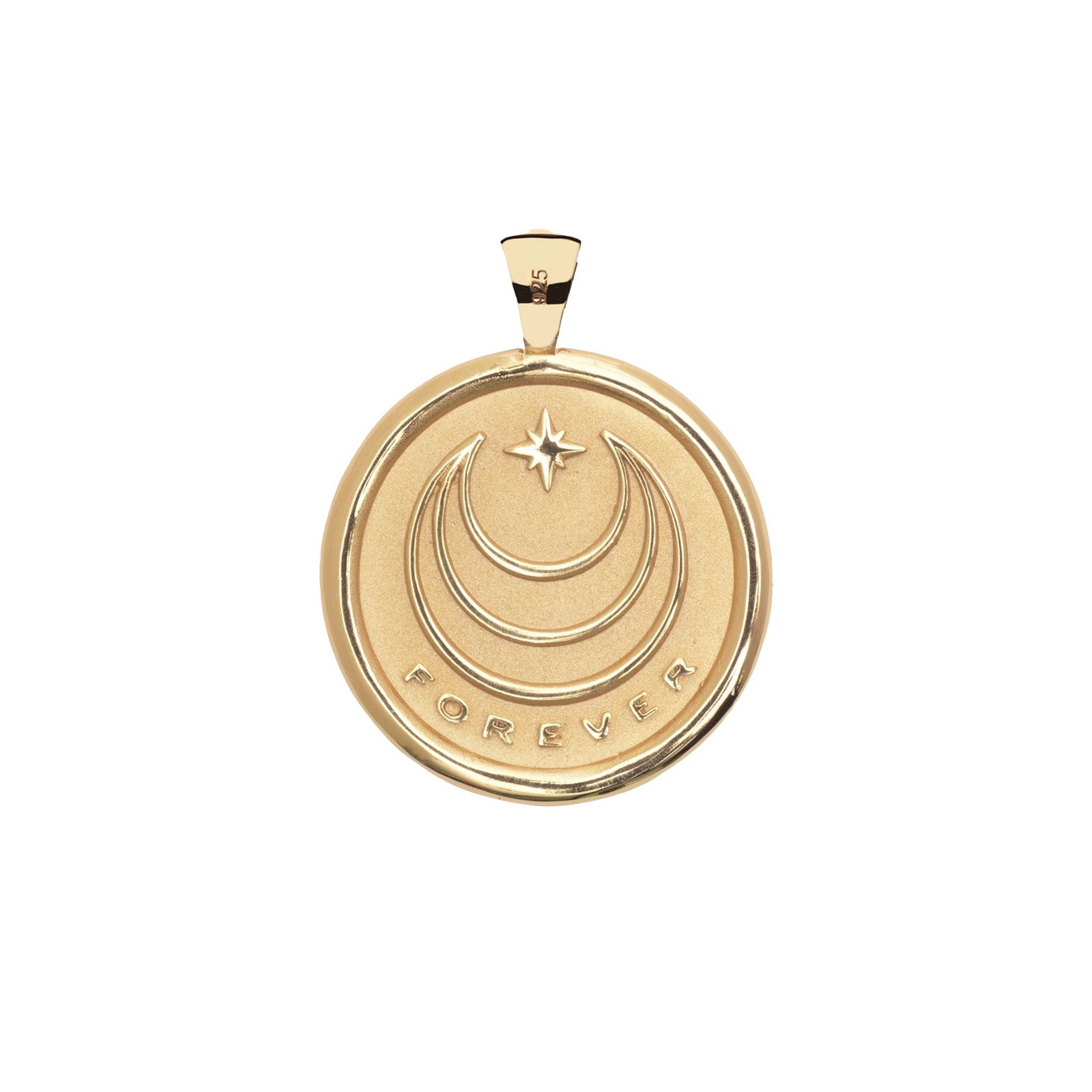 Gold pendant with moon and star design and 'Forever' engraving on a white background