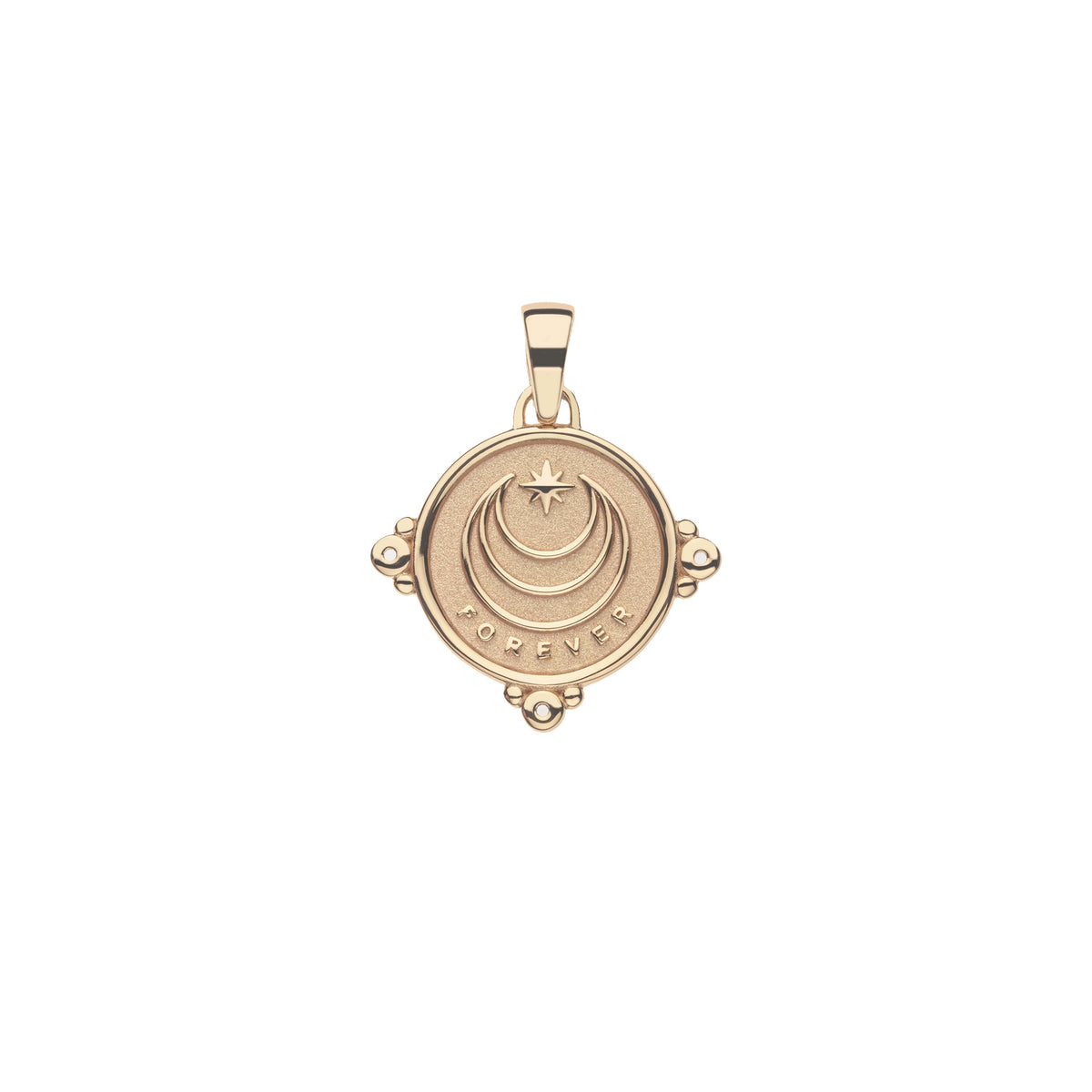 Gold pendant with circular design on a white background