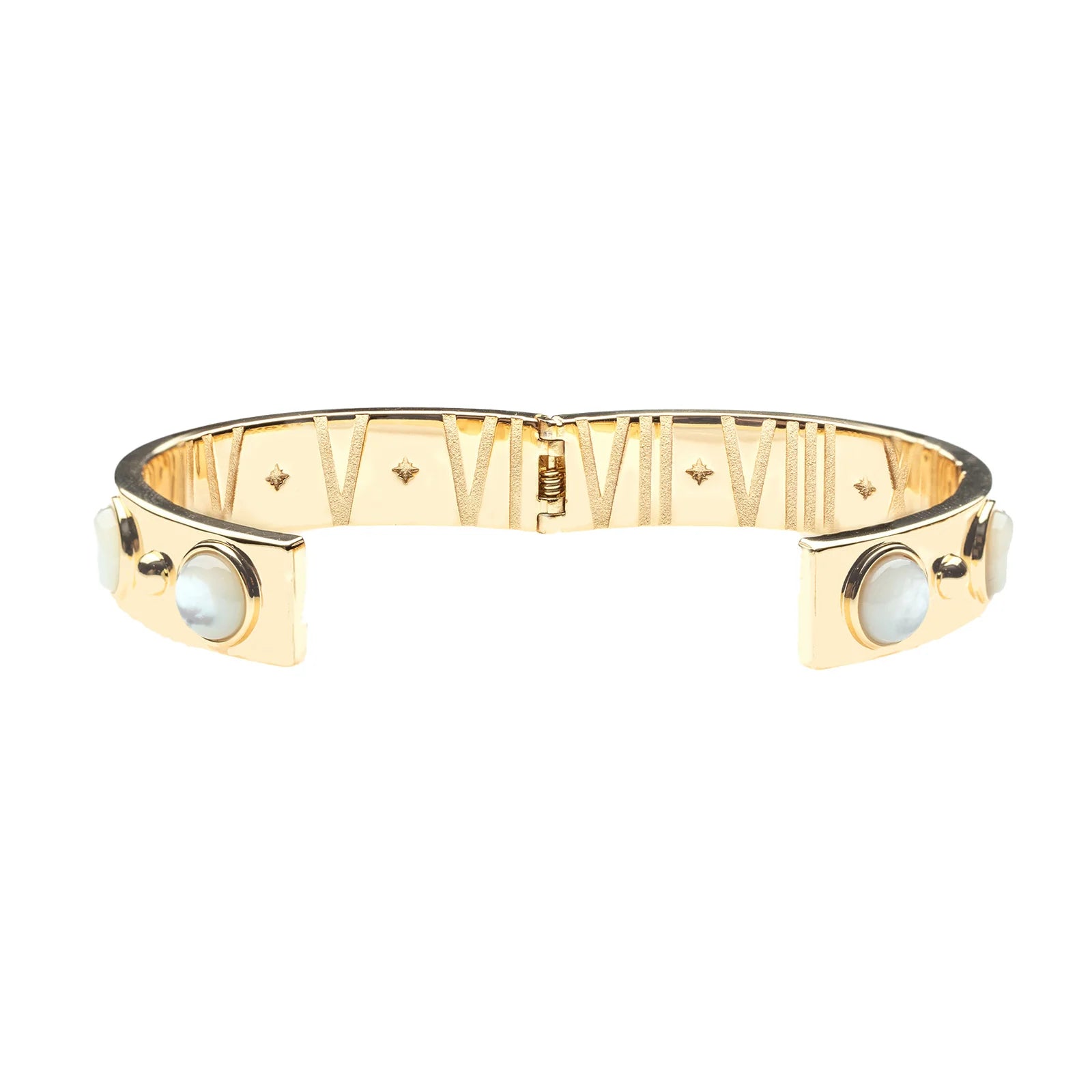 A gold-plated cuff bracelet featuring Roman numerals on the inside, a spring-ring clasp, and two oval white mother-of-pearl inlays on the outer sides, shown against a plain white background.