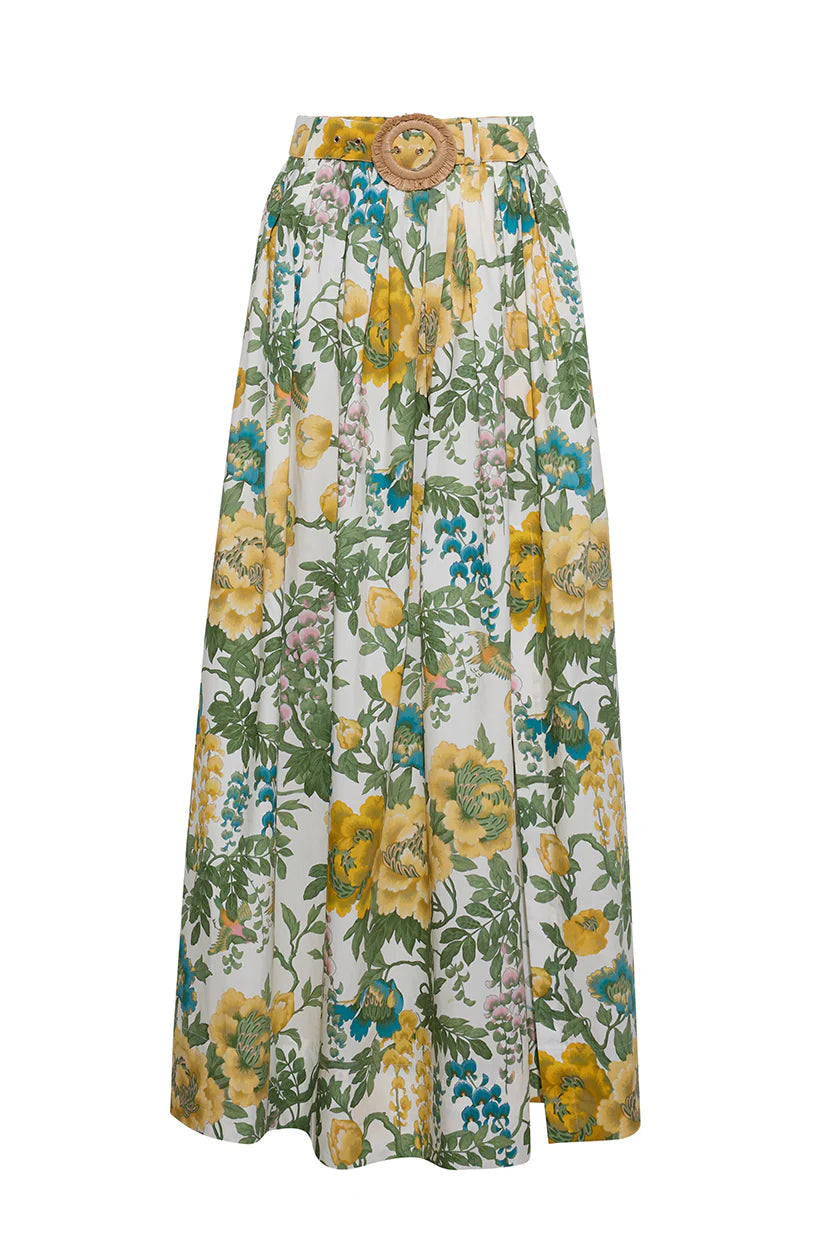 Floral patterned skirt with a belt on a white background