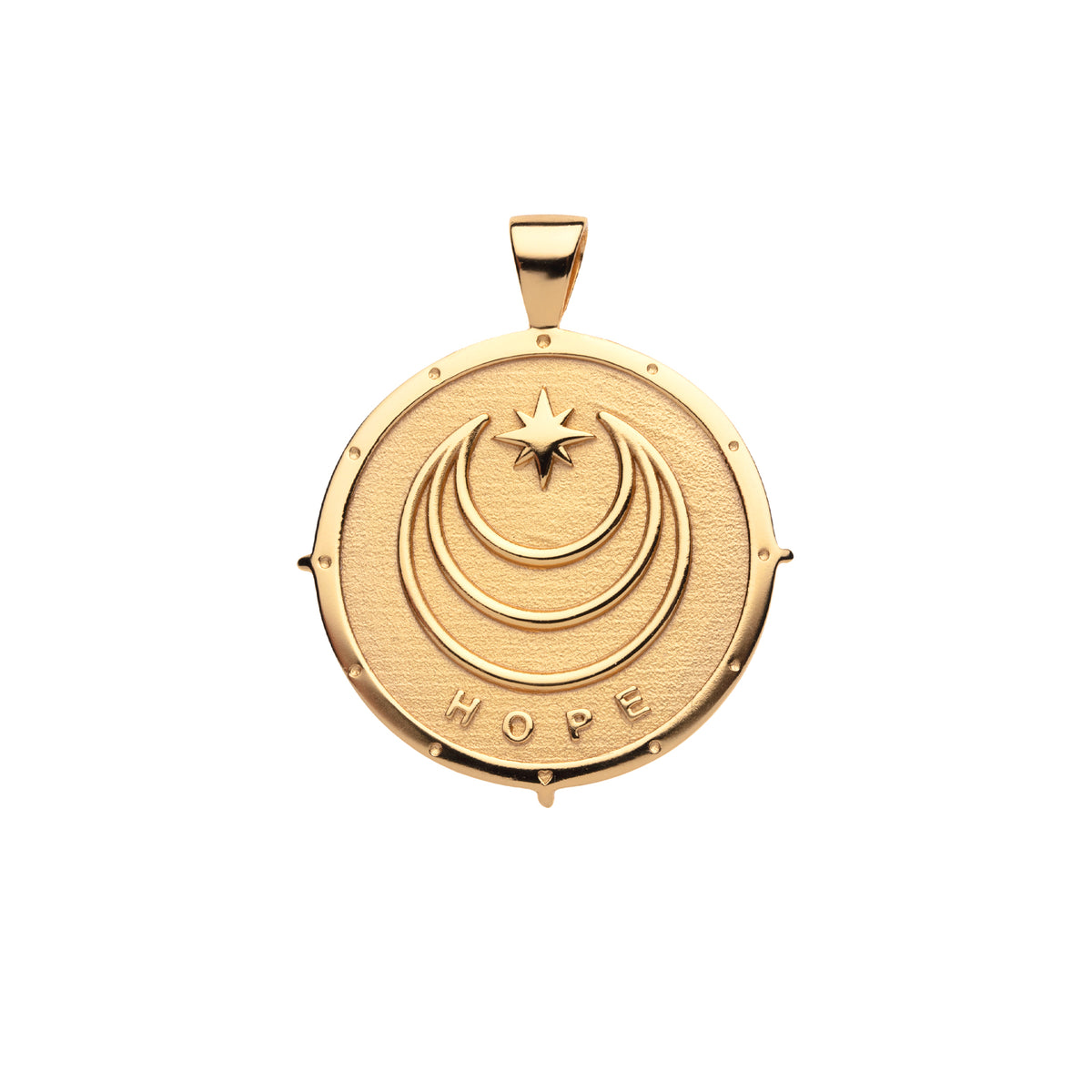 Gold pendant with 'HOPE' engraving on a white background
