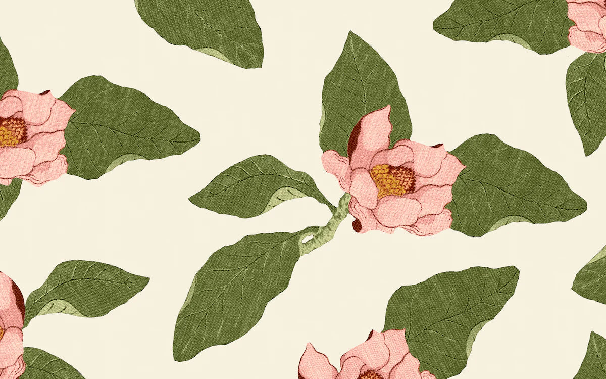 Pattern of pink flowers and green leaves on a beige background