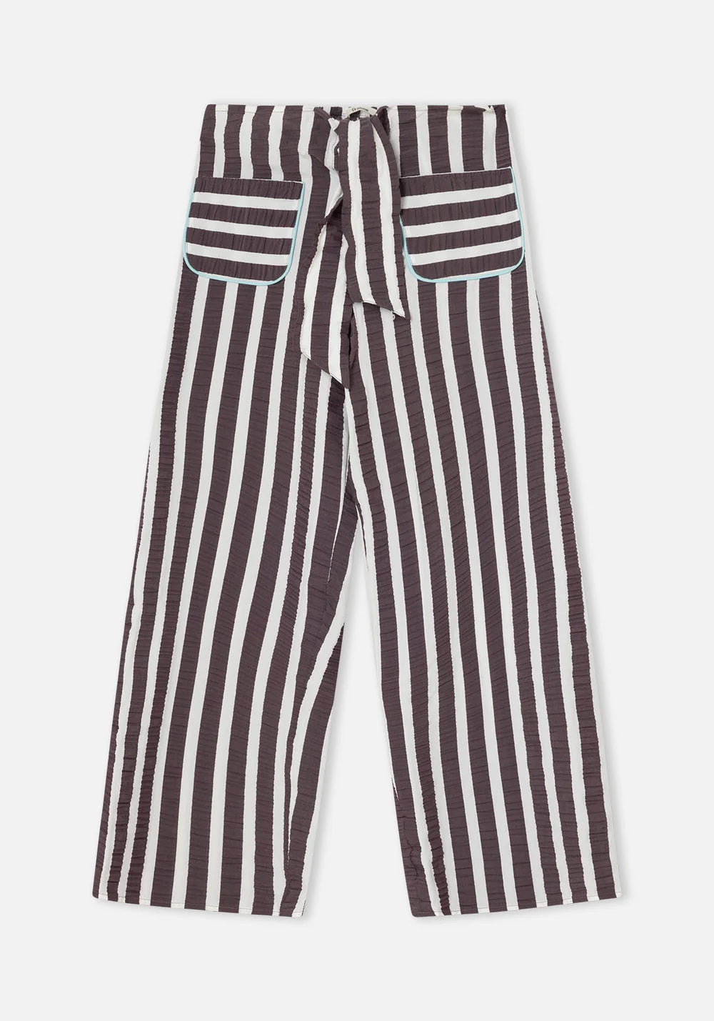 Striped pants with a tie waist on a white background
