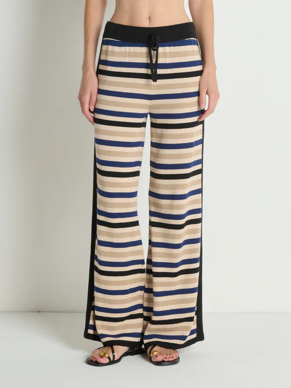 Striped pants worn by a person on a plain background