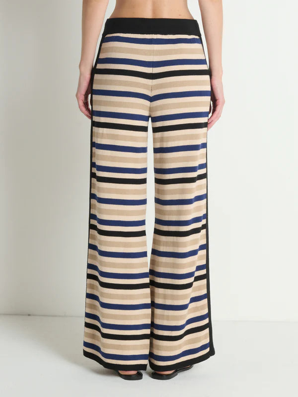 Striped pants worn by a person on a white background