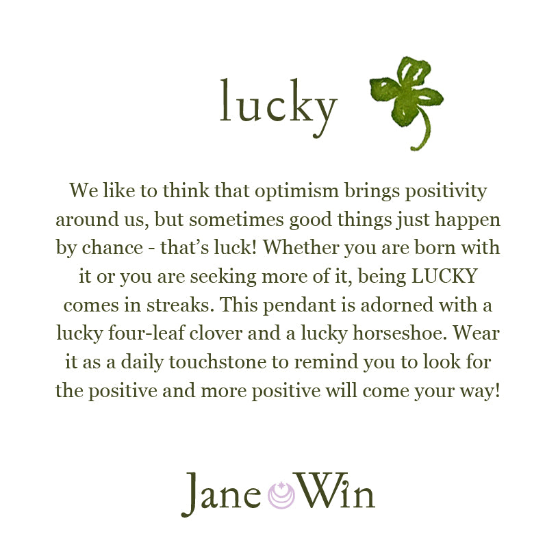 Text about optimism, luck, and a four-leaf clover pendant with Jane Win branding.