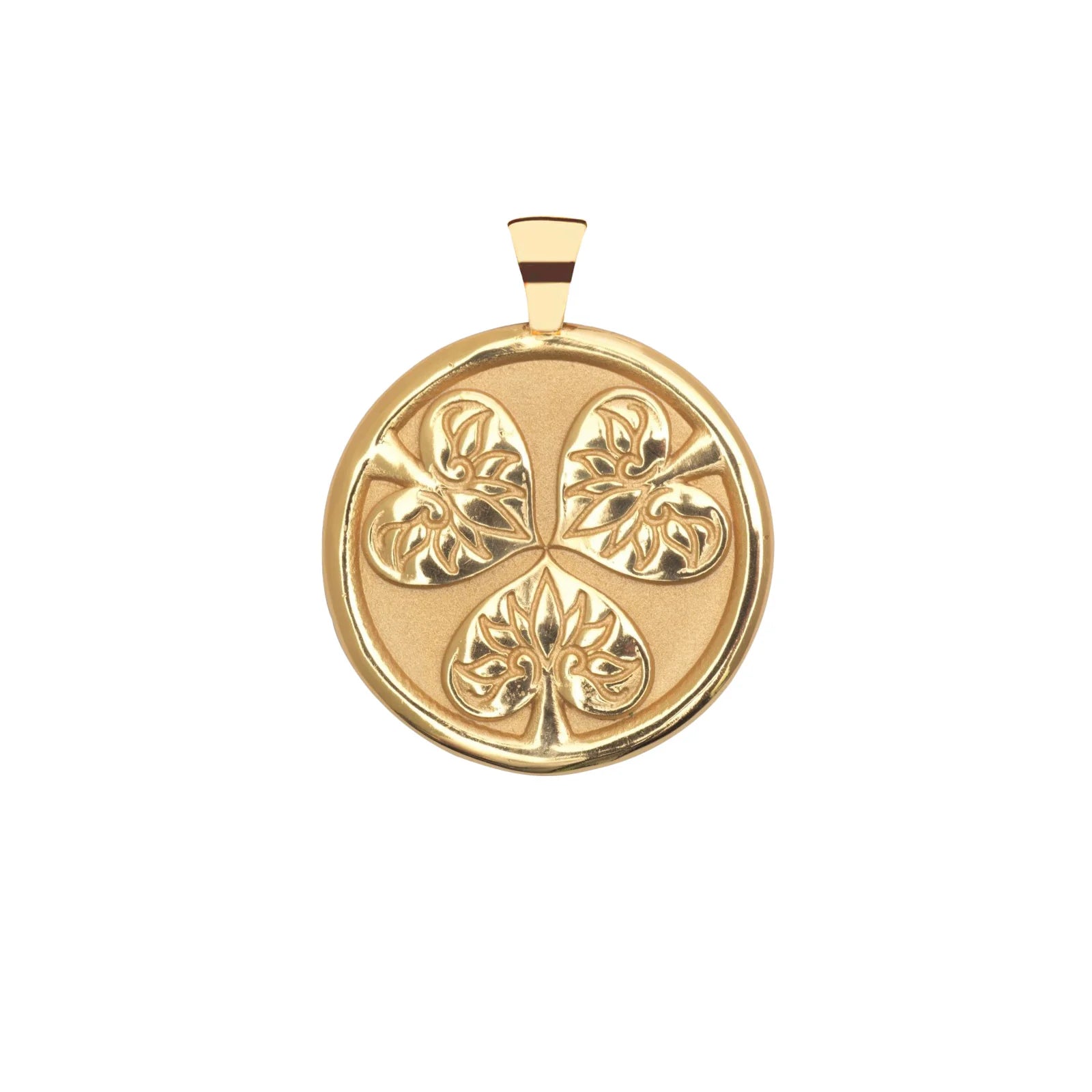 Gold pendant with intricate design on a white background