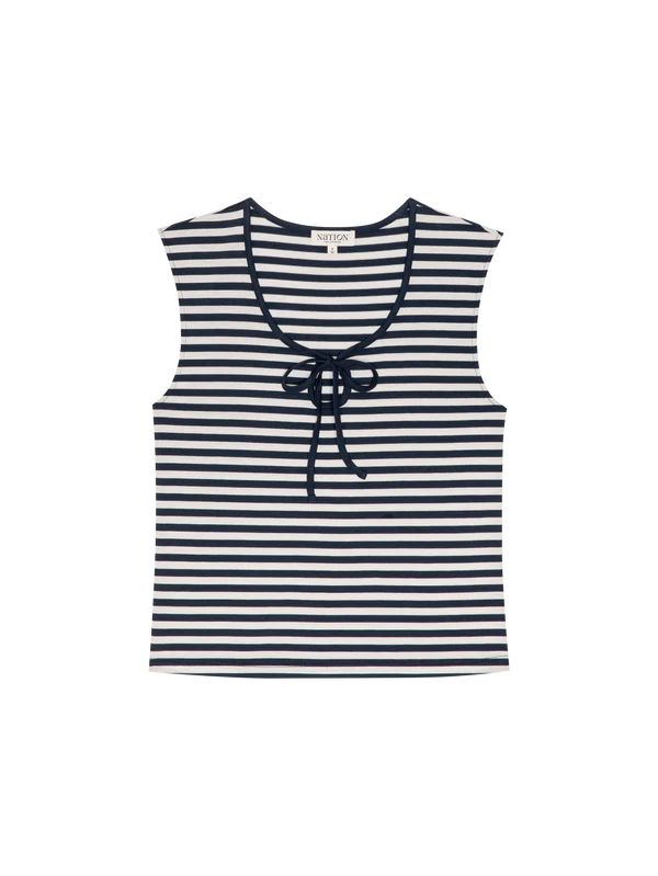 Striped tank top with a tie detail on a white background