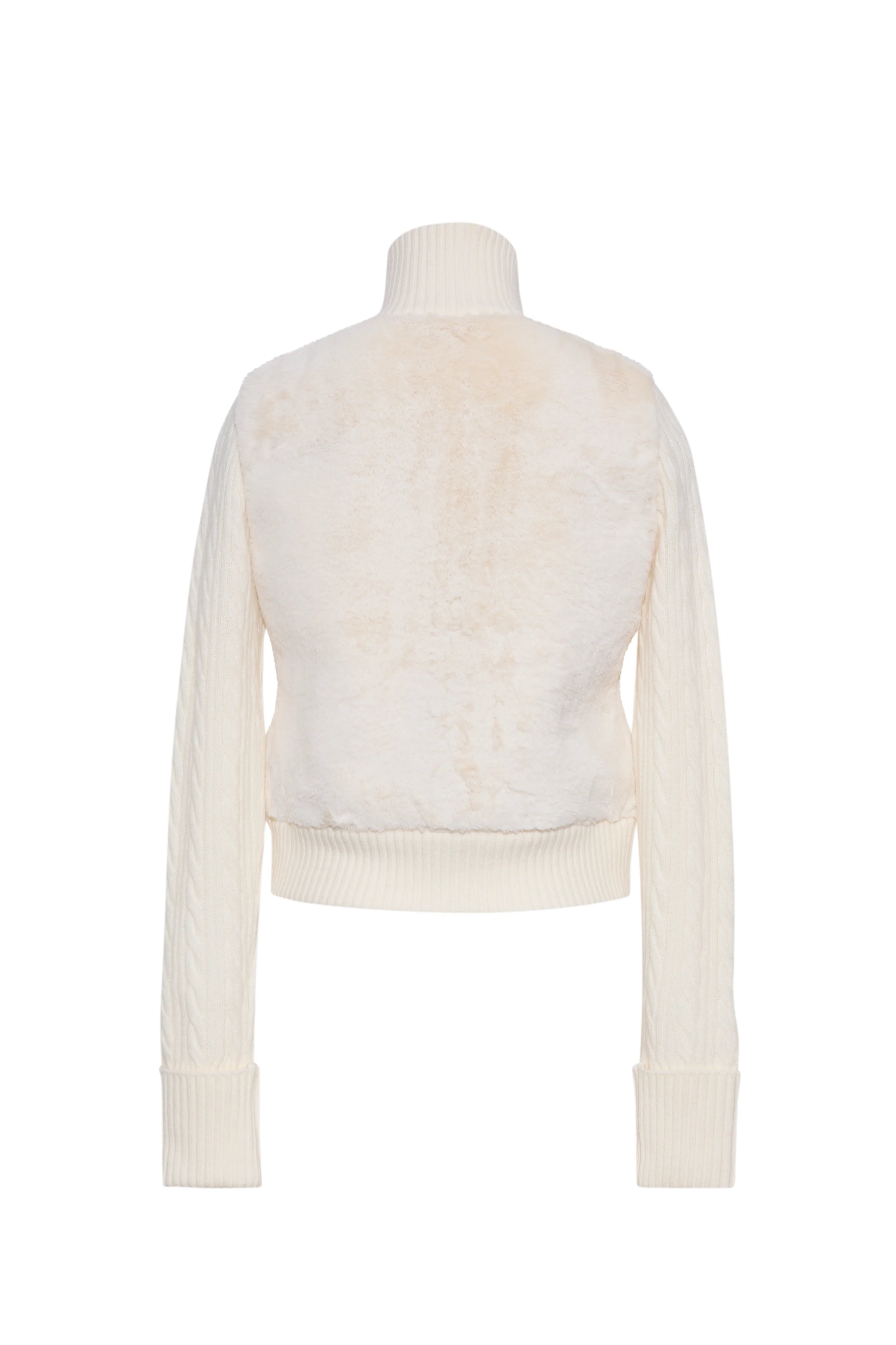 An off-white cropped knit sweater with a textured faux-fur or mohair-like back panel and ribbed turtleneck, cuffs, and hem, shown from the back on a white mannequin against a white background.