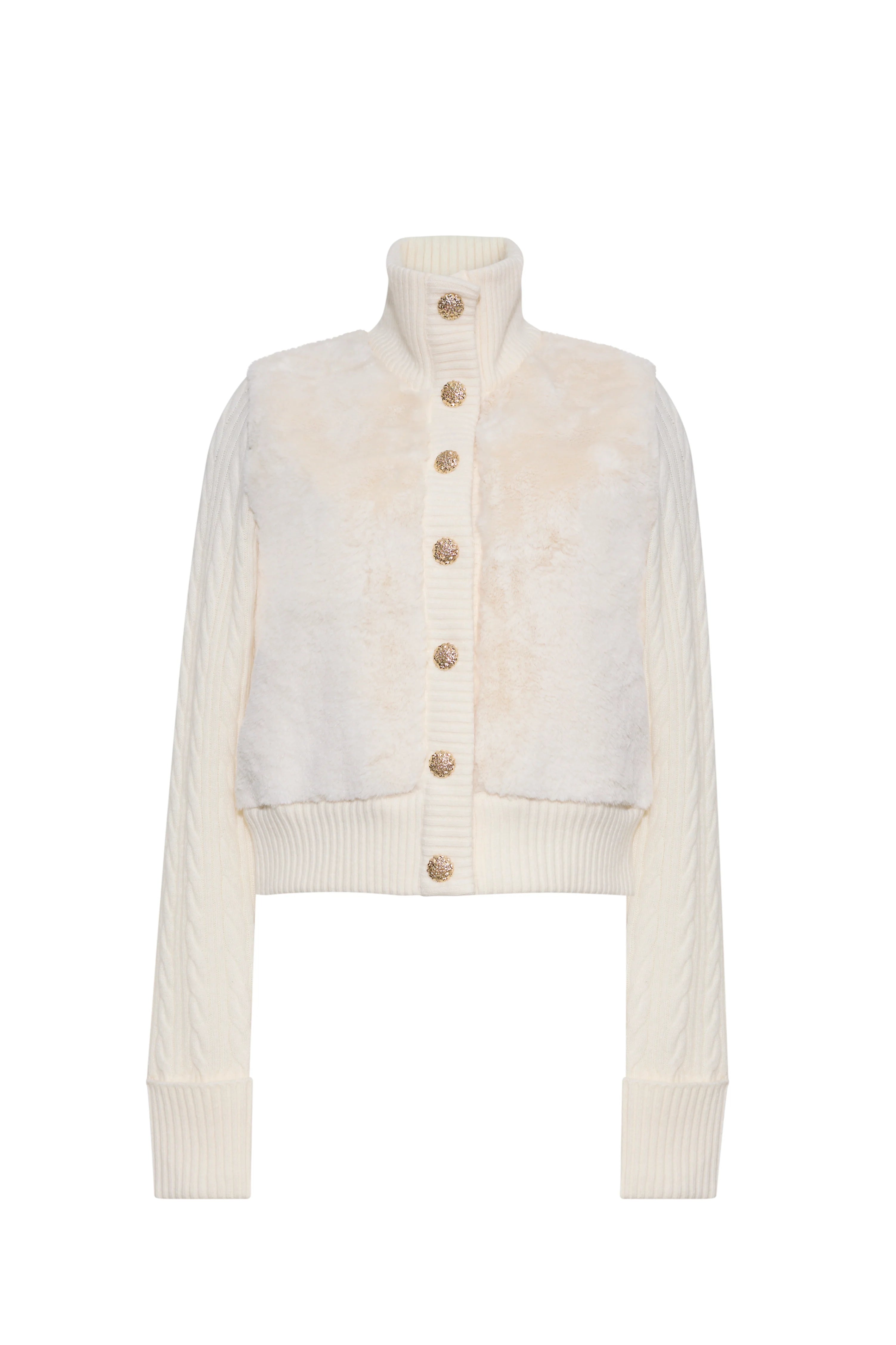 An off-white cropped cardigan featuring a fuzzy faux-fur texture across the chest and shoulders, a ribbed mock neck, button-down front with gold buttons, and ribbed cuffs and hem.