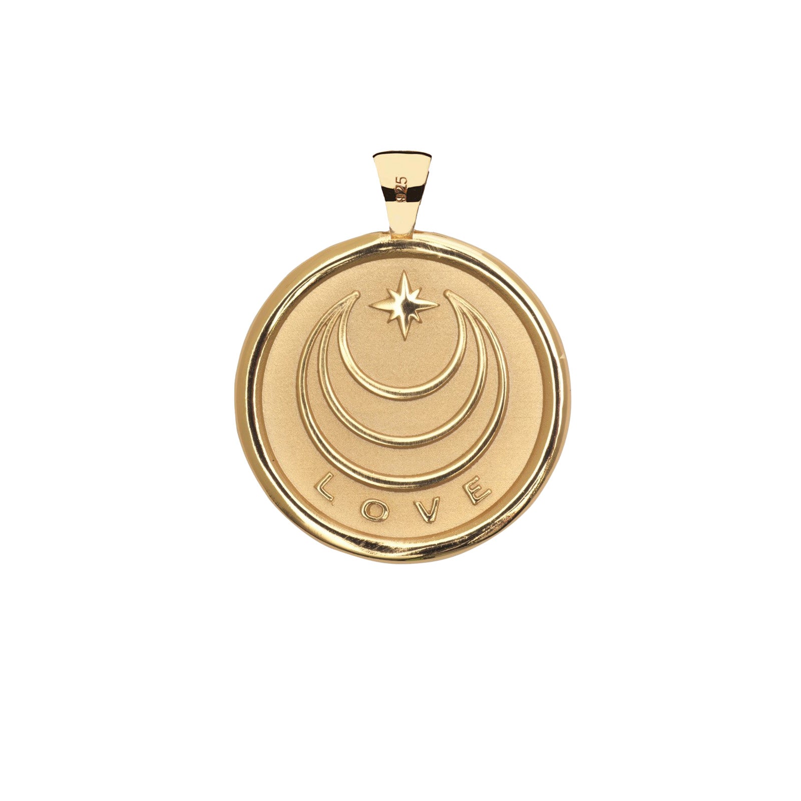 Gold pendant with moon and star design and 'LOVE' engraving on a white background