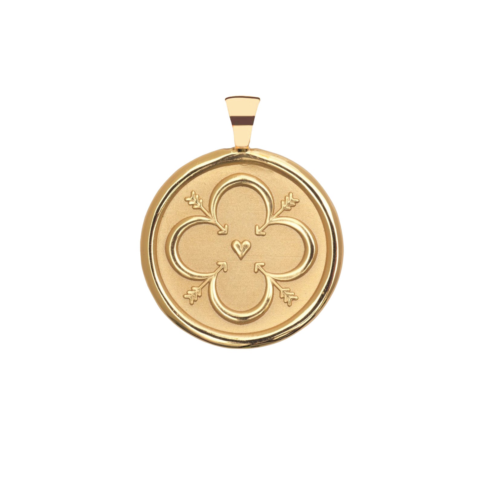 Gold pendant with a clover design on a white background