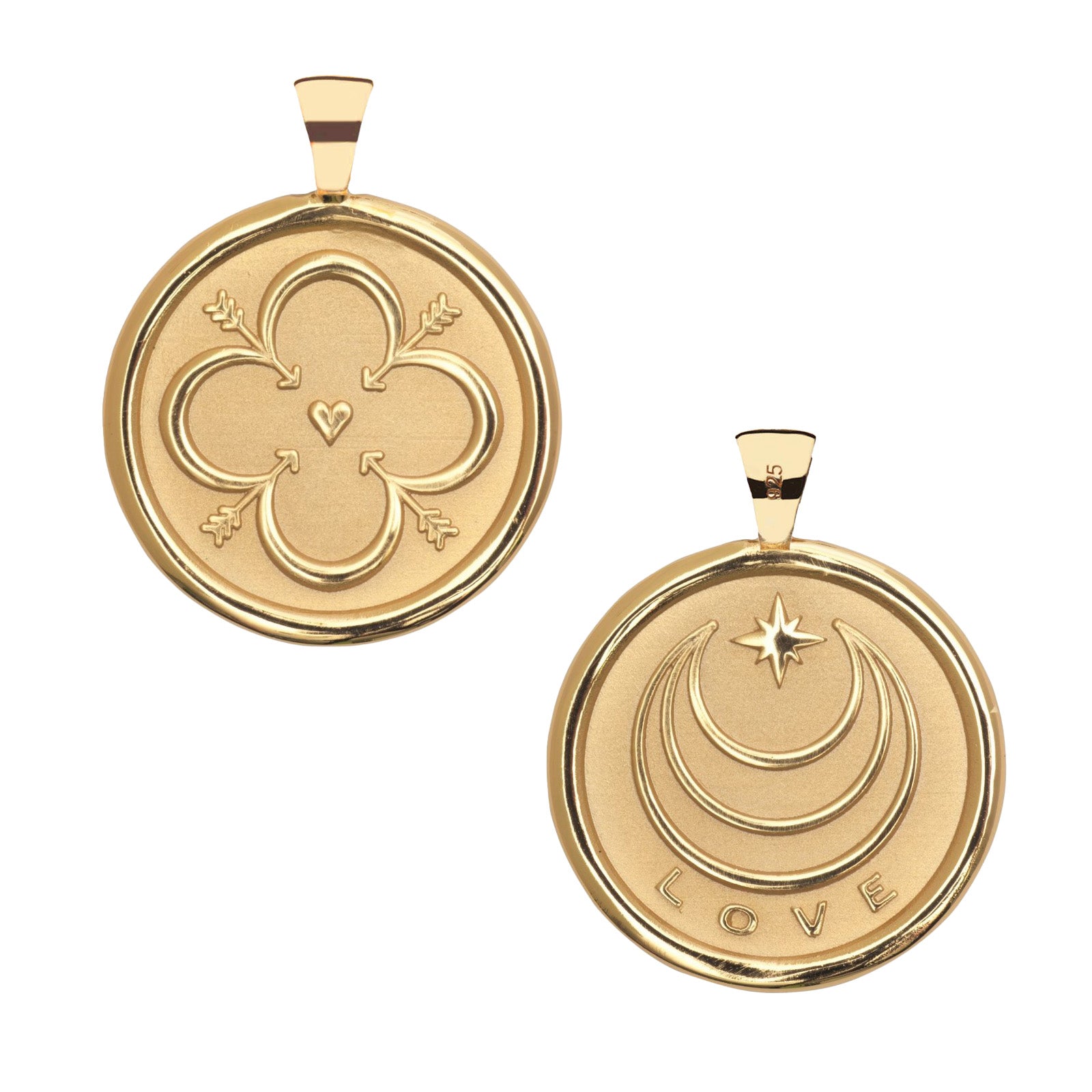Two gold pendants on a white background