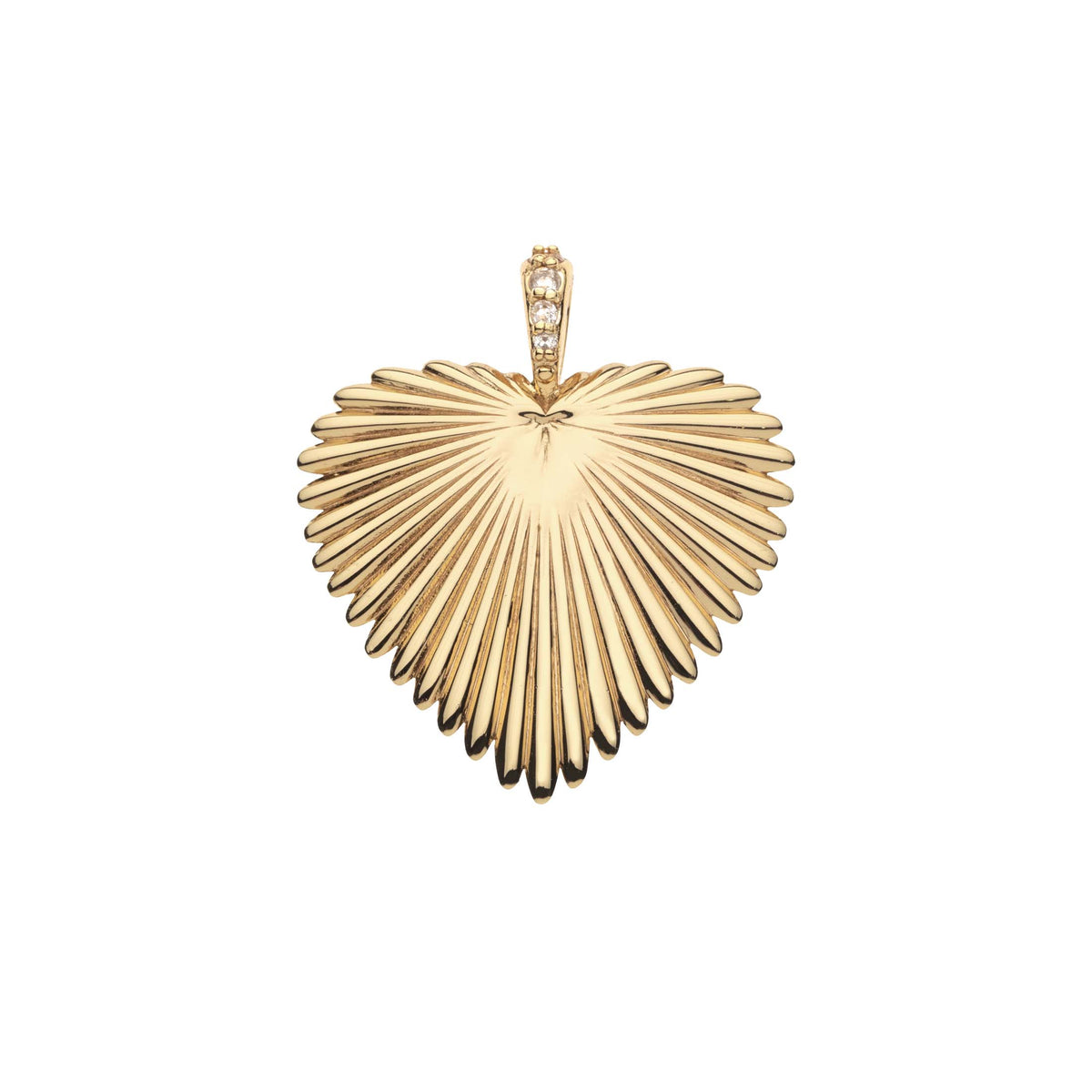 A gold heart-shaped pendant with a textured, sunburst radial design and a small diamond-accented bail at the top, shown on a plain white background.