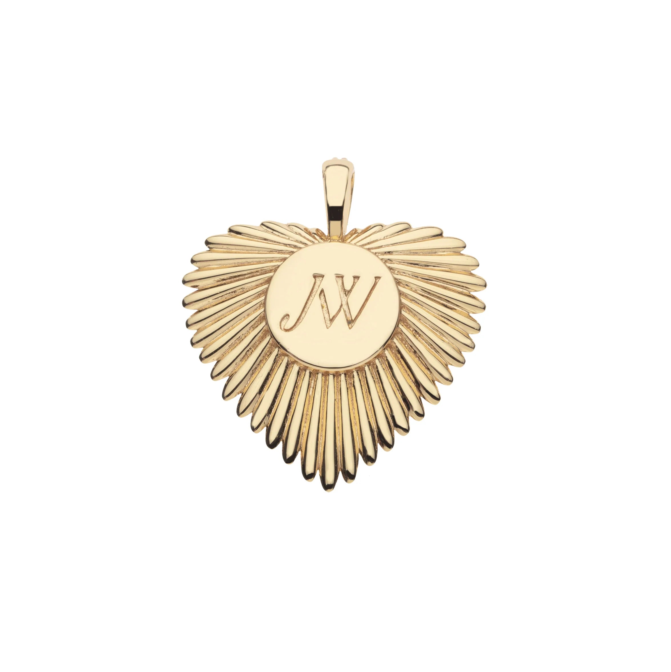 Gold pendant with 'JW' initials on a white background